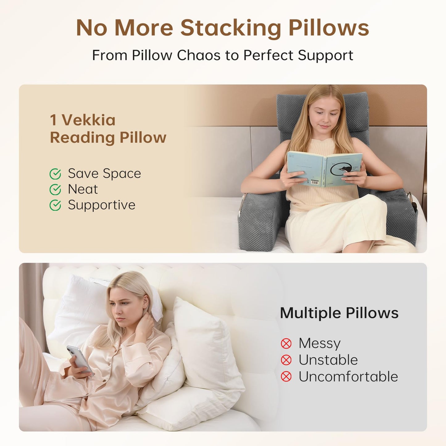 Vekkia Reading Pillow,Back Pillow for Bed Sitting Up Adult,Backrest Support Pillow with Build-in Arms & XL Pockets,Rest Chair for Reading,Gaming,Relaxing,Working or Watching TV in Bed/Floor-19'' Grey