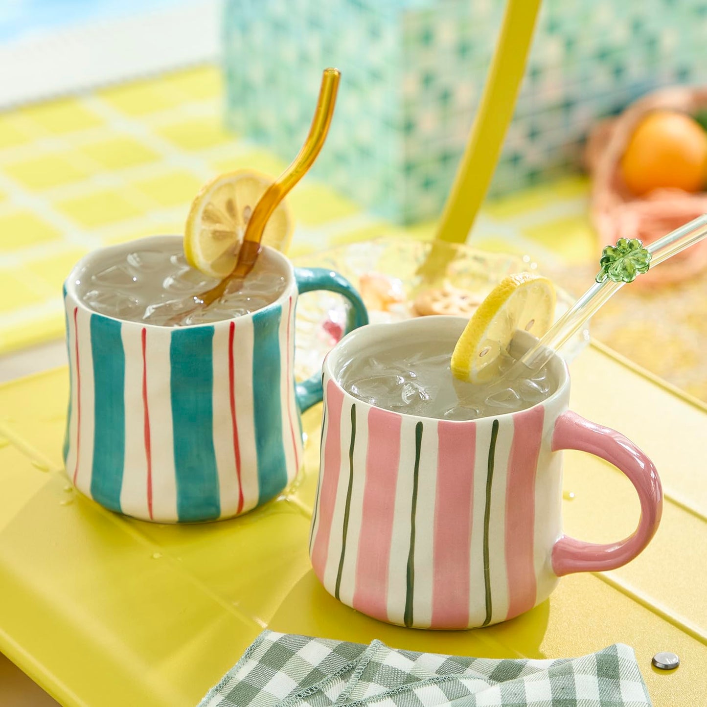 Hand-Painted Ceramic Coffee Mugs Set of 4 – 16oz Large Capacity Artistic Tea Cups with Checkerboard & Striped Patterns, Microwave & Dishwasher Safe for Home, Office, Kitchen (Summer Vibes Collection)