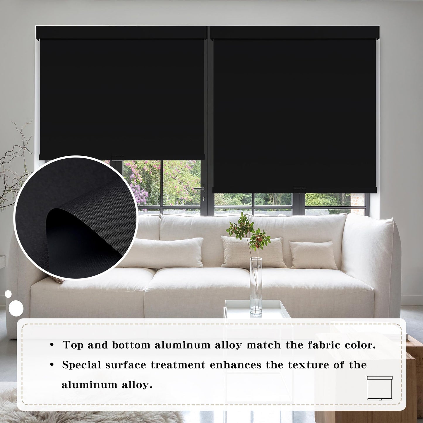 SUNOFF Cordless Blackout Roller Shades Blinds for Windows Free-Stop,Pull Down Room Darkening with Valance,Thermal Insulated Woven Fabric Window Door Blinds for Home,Office,Black 34" W x 72" H