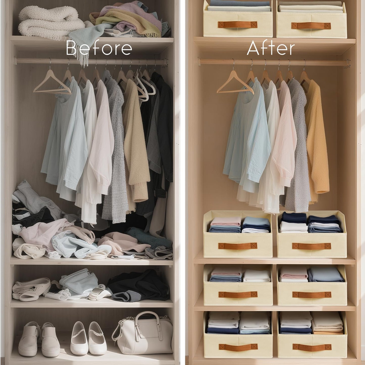 Homsorout Fabric Storage Bins for Organizing - 6 Pack Large Trapezoid Collapsible Storage Bins with Front Handle, Closet Organizers and Storage for Bedroom, Home Shelves, Small Spaces, Beige