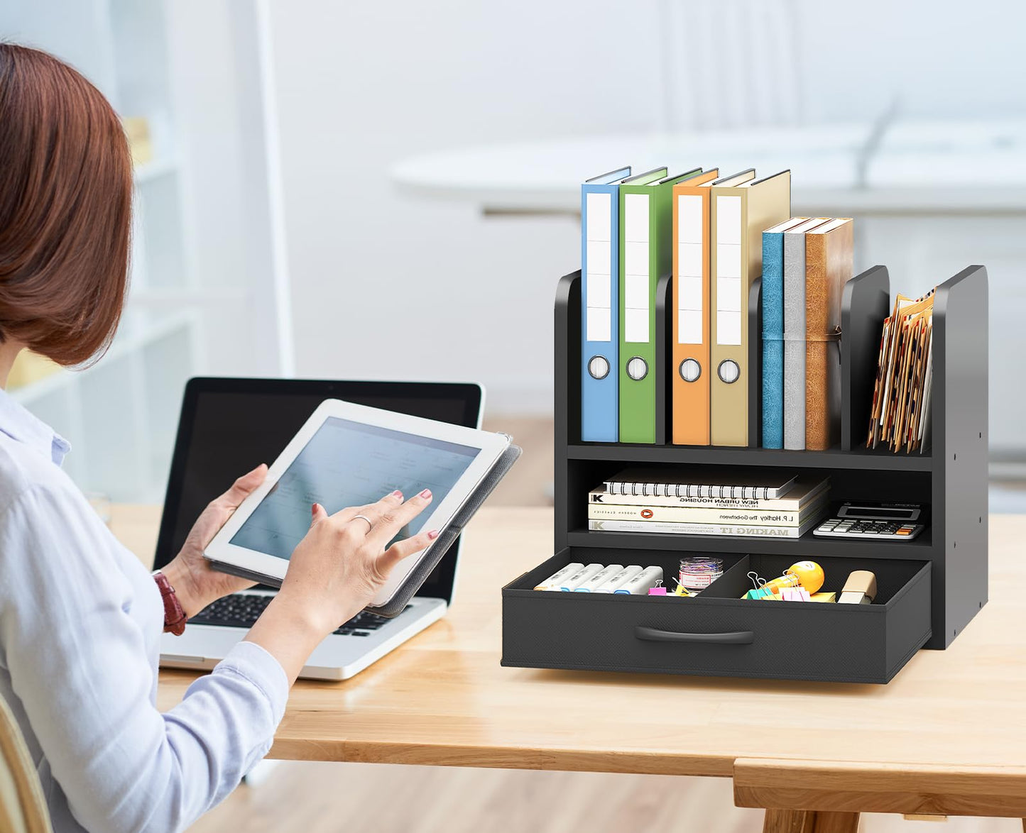 NiOffice Desk File Organizer for Home, Office, School, Wooden Frame Desktop Storage Solution for Office Supplies, Documents, Papers, Folders and Stationery, Space-Saving and Stylish Document Sorter