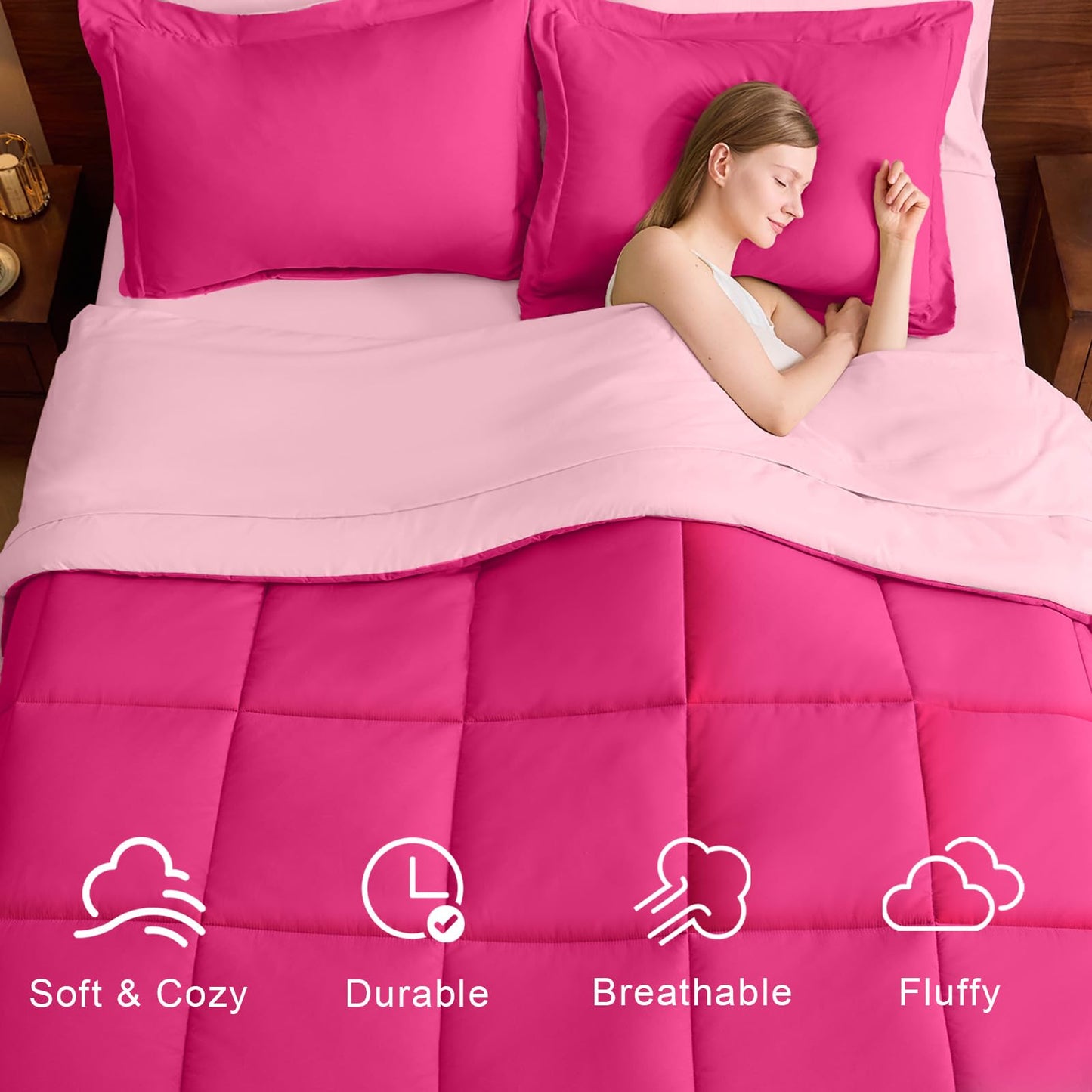 FUANNA Queen Comforter Set 7 Pieces, Reversible Queen Size Bed in a Bag with All Season Soft Comforter, Bedding Sets Includes Comforter, Flat Sheet, Fitted Sheet, Pillowcases & Shams, Hot Pink & Pink