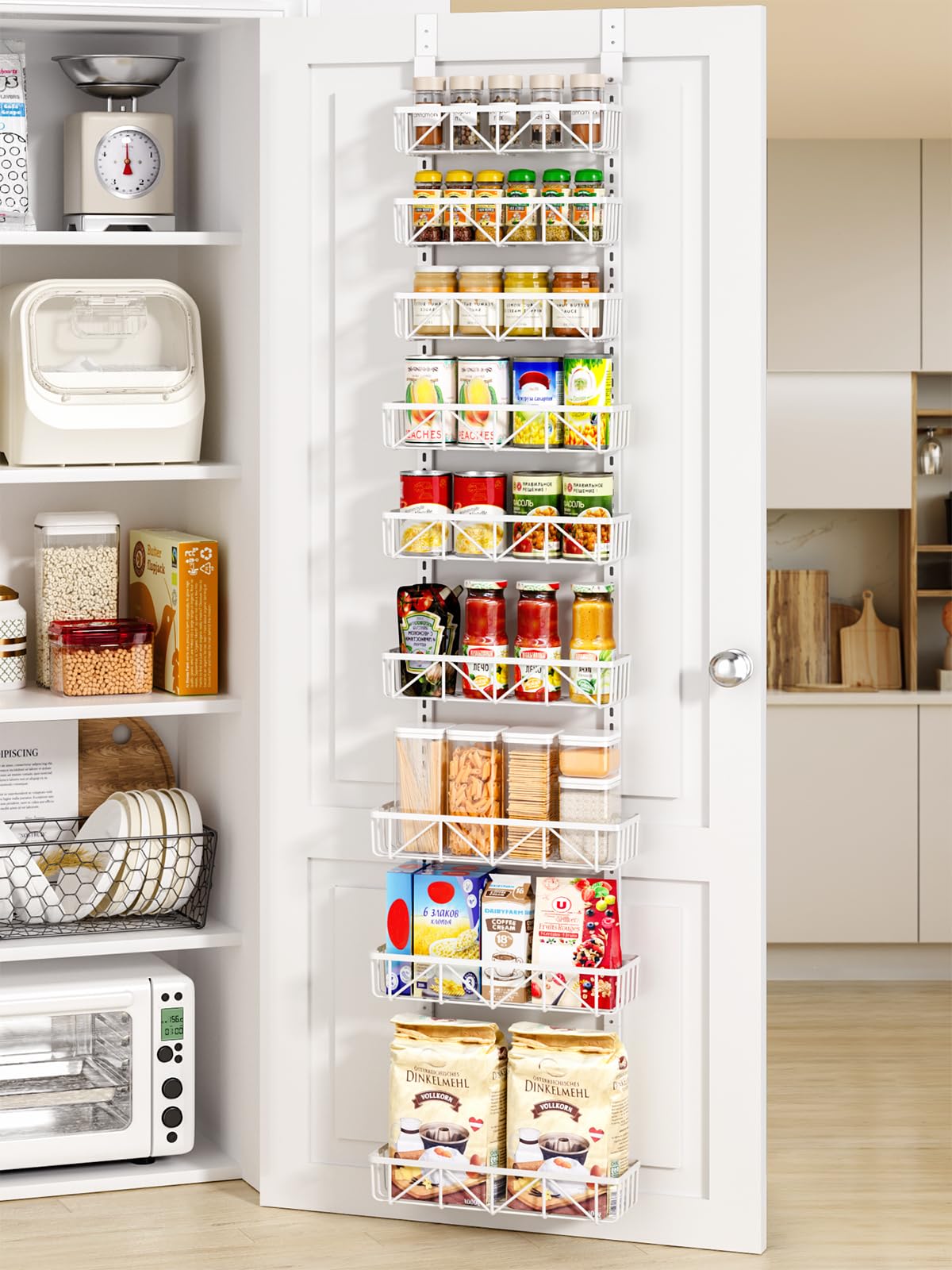 Delamu Narrow 9-Tier Over the Door Pantry Organizer, Adjustable Pantry Storage, Metal Hanging Spice Rack, Cabinet Door Organizer for Kitchen, Bathroom, Laundry Room, 12.5" White