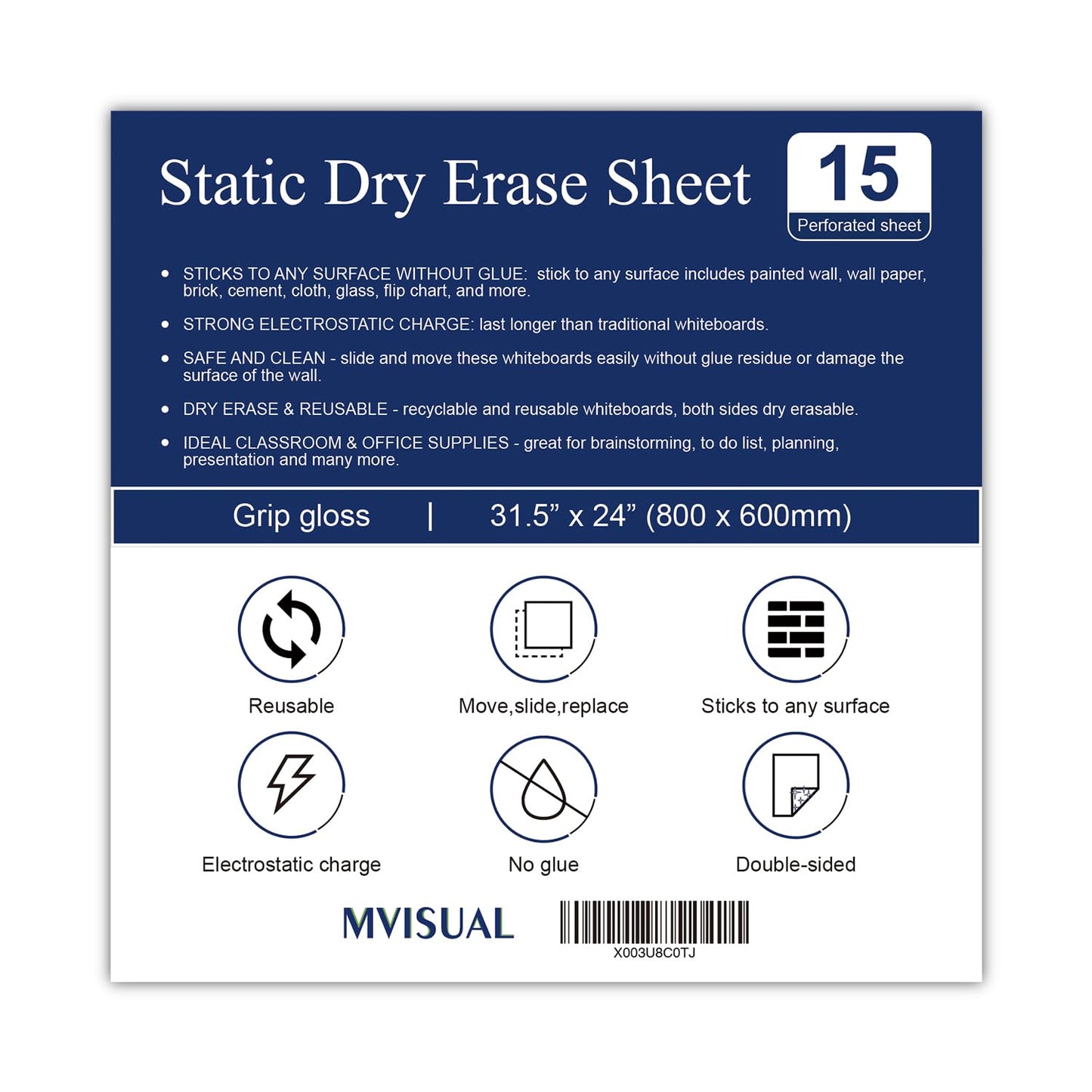 MVISUAL 15 Pack Static Dry Erase Sheets, White Board Wallpaper 31.5 x 24 Inch, Line Dry Erase Sticker for Wall
