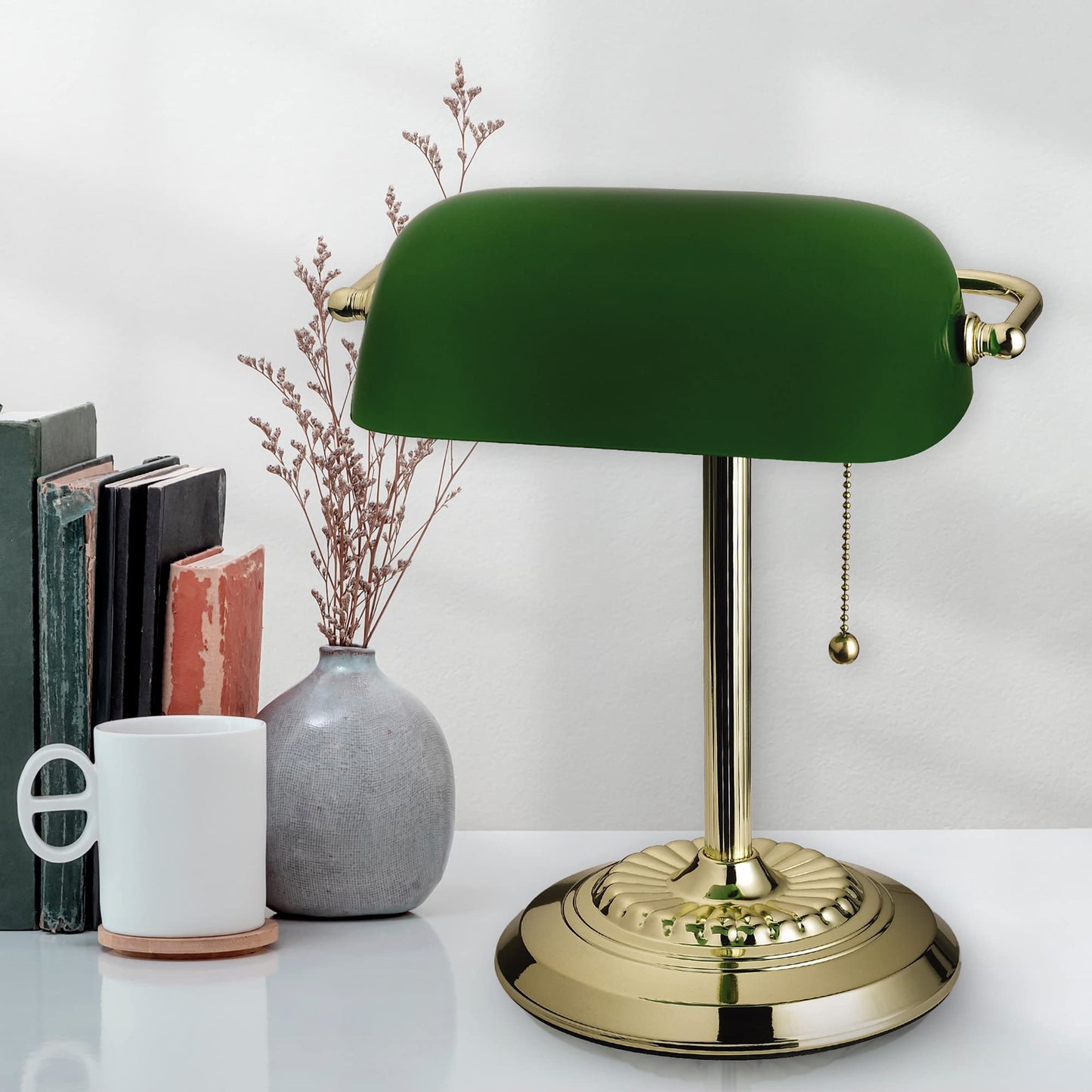 Catalina Lighting 17466-017 13.5'' Traditional Banker's Lamp Light Fixture with Green Glass Cylinder Shade for Office, Library, Living Room, or Dorm, Polished Brass