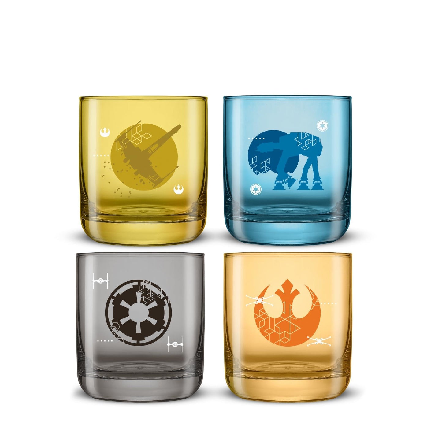 JoyJolt Star Wars Galactic Icons Short Drinking Glasses Set of 4, 10oz Glass Tumbler Cup Set, Kitchen Glasses Set, Colored Collectible Glassware, Star Wars Gifts