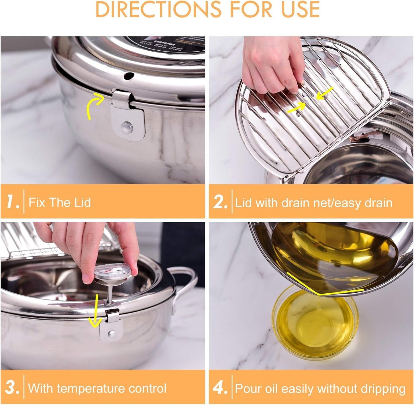 cuomaop Deep Fryer Pot, 304 Stainless Steel Japanese Frying Pot with Oil Drain, Temperature Control and Lid, Tempura Deep Fryer Pot for Kitchen Stove/Induction Cooker French Fries Fryer Chicken 9.4"