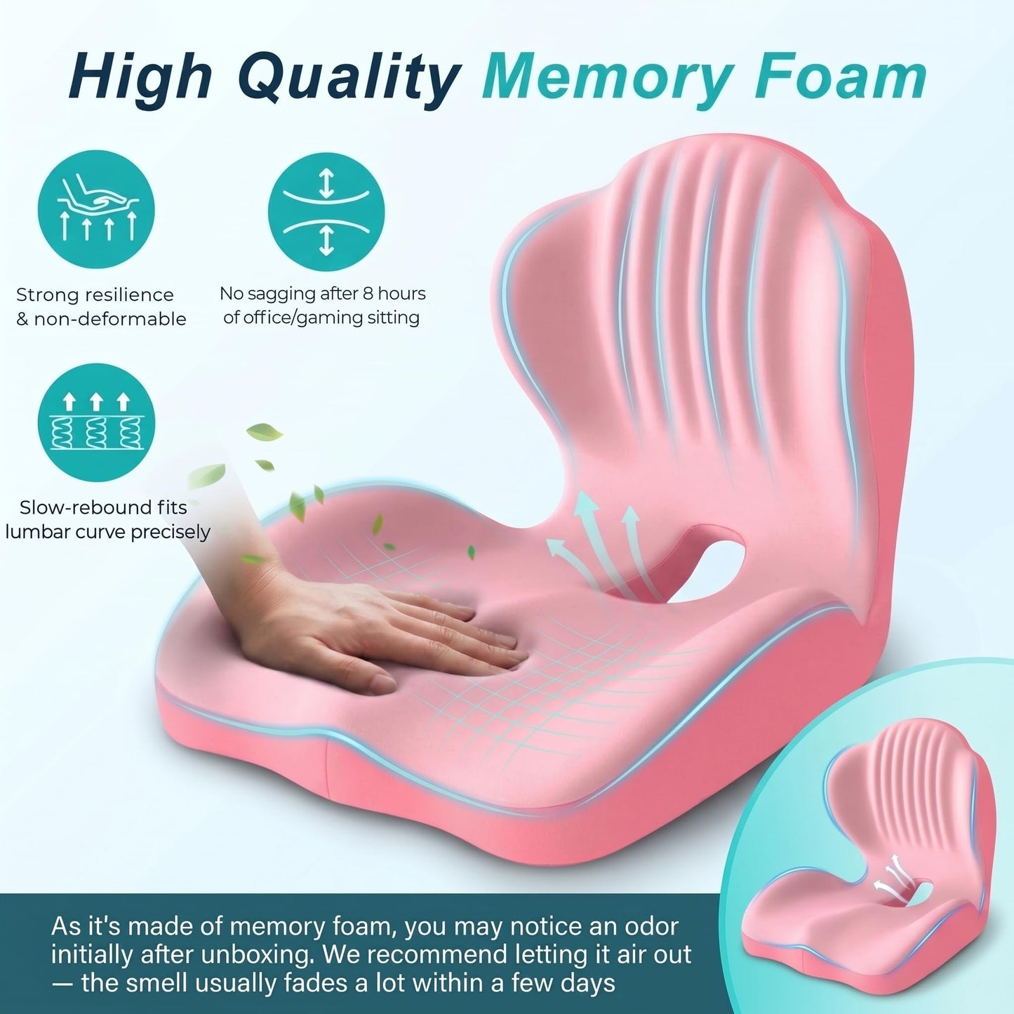 Ergonomic Office Chair Seat Cushion, L-Shaped Memory Foam Coccyx Cushion for Tailbone Pain Relief, Orthopedic Car Seat Cushion with Lumbar Support & Cutout Hollow for Sciatica & Back Pain (Pink)