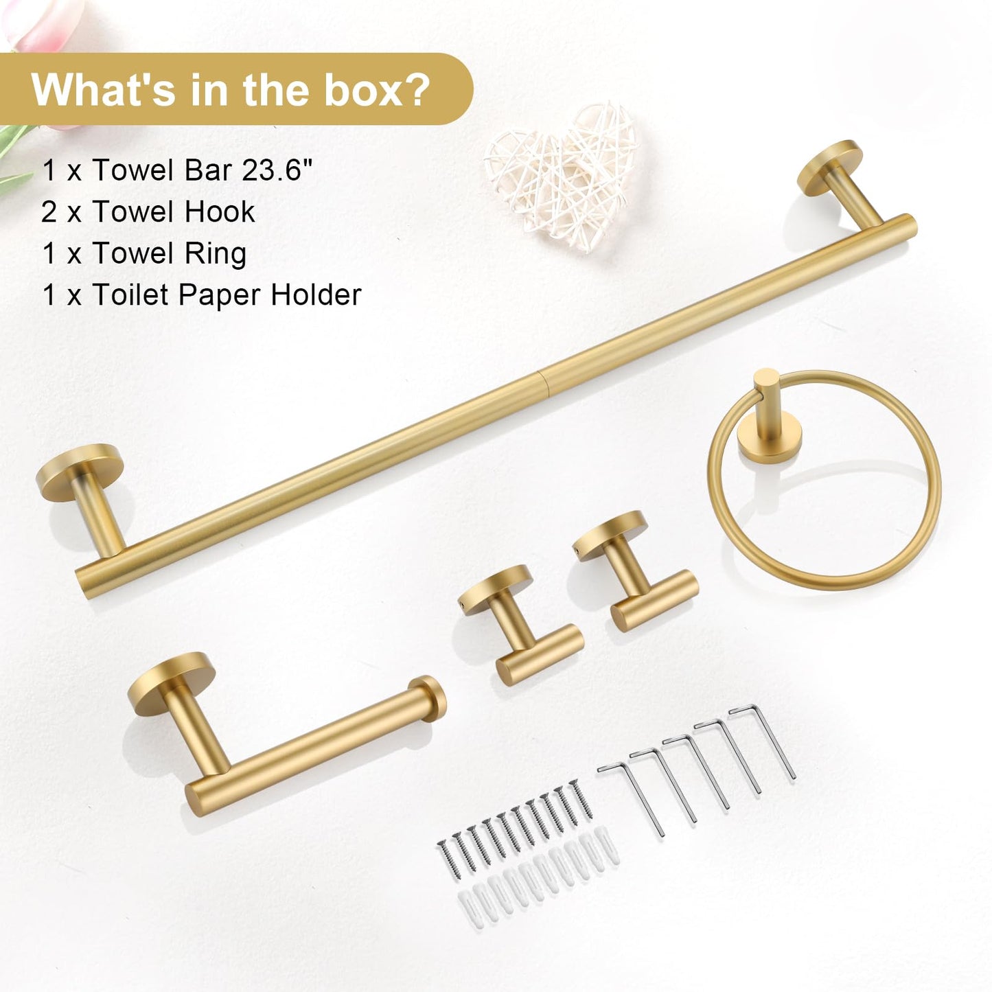 TQKAG 5 Piece Bathroom Accessories Set Brushed Gold Bathroom Hardware Set 23.6 Inch Bath Towel Bar Set SUS304 Stainless Steel Towel Rack Set