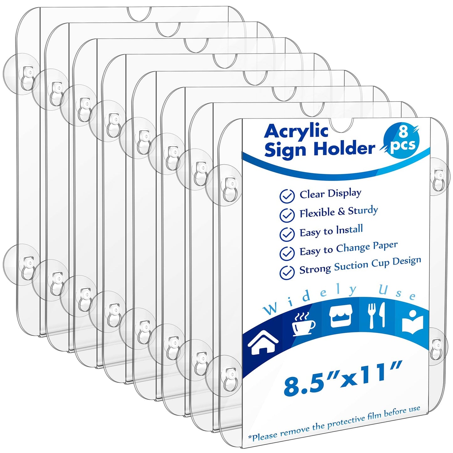 Handepo 8 Pack Acrylic Window Sign Holder 8.5 x 11 Inch with 4 Suction Cups Clear Frames Glass Door Mount Wall Signage for Office Restaurant Store Menu Display Home Notices (Classic style)