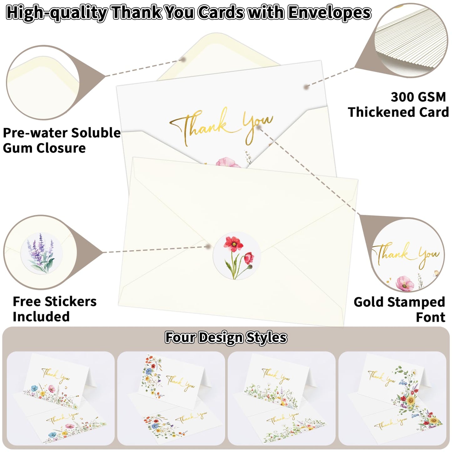 UZLU 600 PCS Wildflower Thank You Cards with Envelopes and Stickers - 4x6 Inch Floral Thank You Notes with Envelope Set - Greeting Notes with Envelopes for Wedding, Baby & Bridal Showers, Birthday