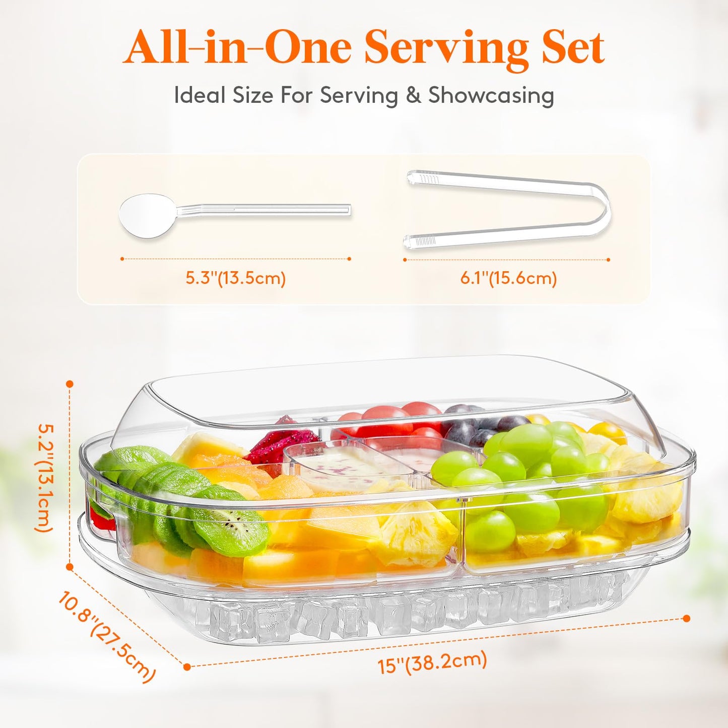 Lifewit Chilled Serving Tray for Parties, 15" Divided Shrimp Cocktail Serving Dish with Lid, Plastic Taco Platter, Ice Serving Bowl for Veggie, Fruit, Salad, Mimosa Bar Supplies in Party/Buffet