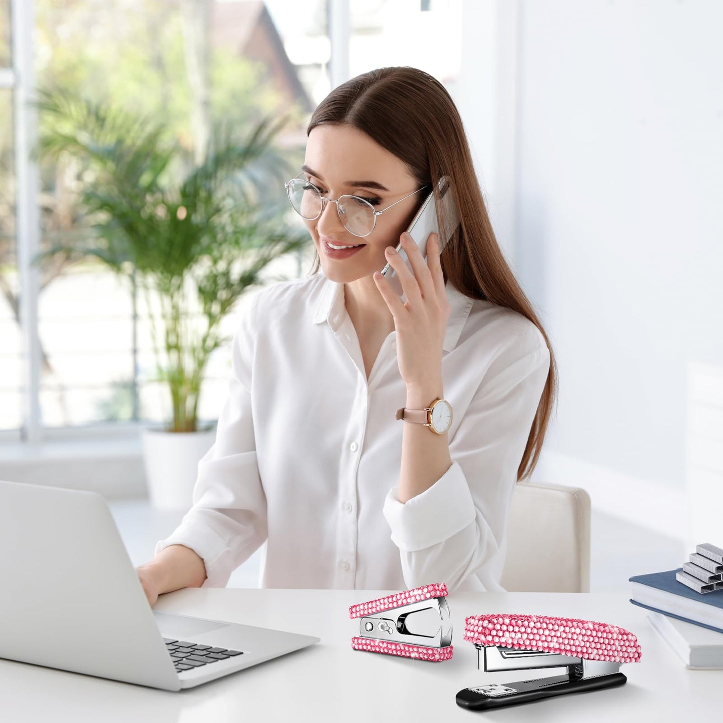 Demissle 6 Pcs Bling Office Desk Accessories Set Crystal School Stationery Kit Scissor Stapler with Staple, Tape Dispenser, Diamond Pen, Staple Remover, Binder Clip, Paper Clip, Push Pins(Pink)