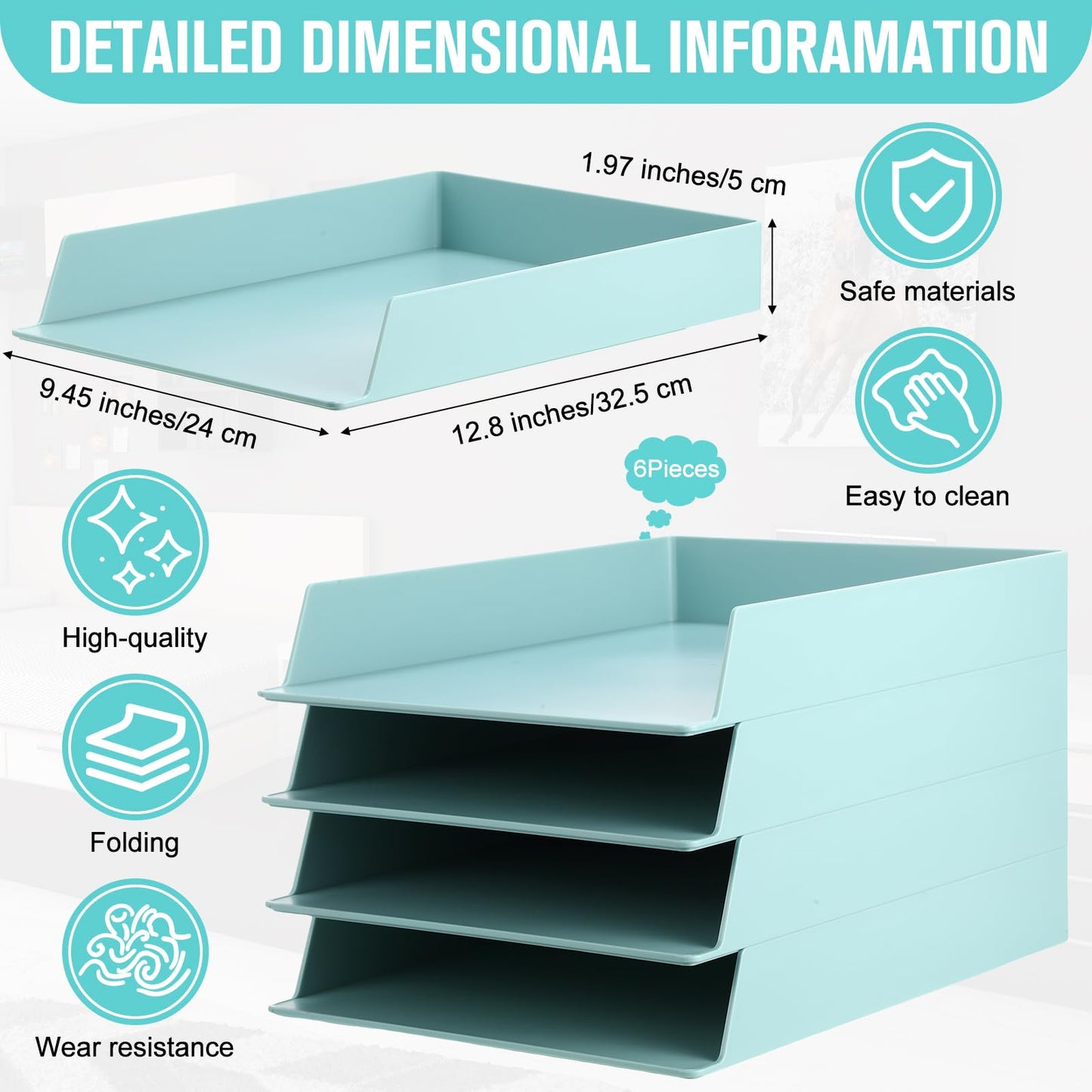 Tatuo 6 Pack Stackable Paper Trays Plastic Letter Tray Desk Organizer Paper Holder Organizer Storage Office Desk Accessories for Classroom Magazine File Documents 12.8 x 9.45 x 1.97, Blue Green