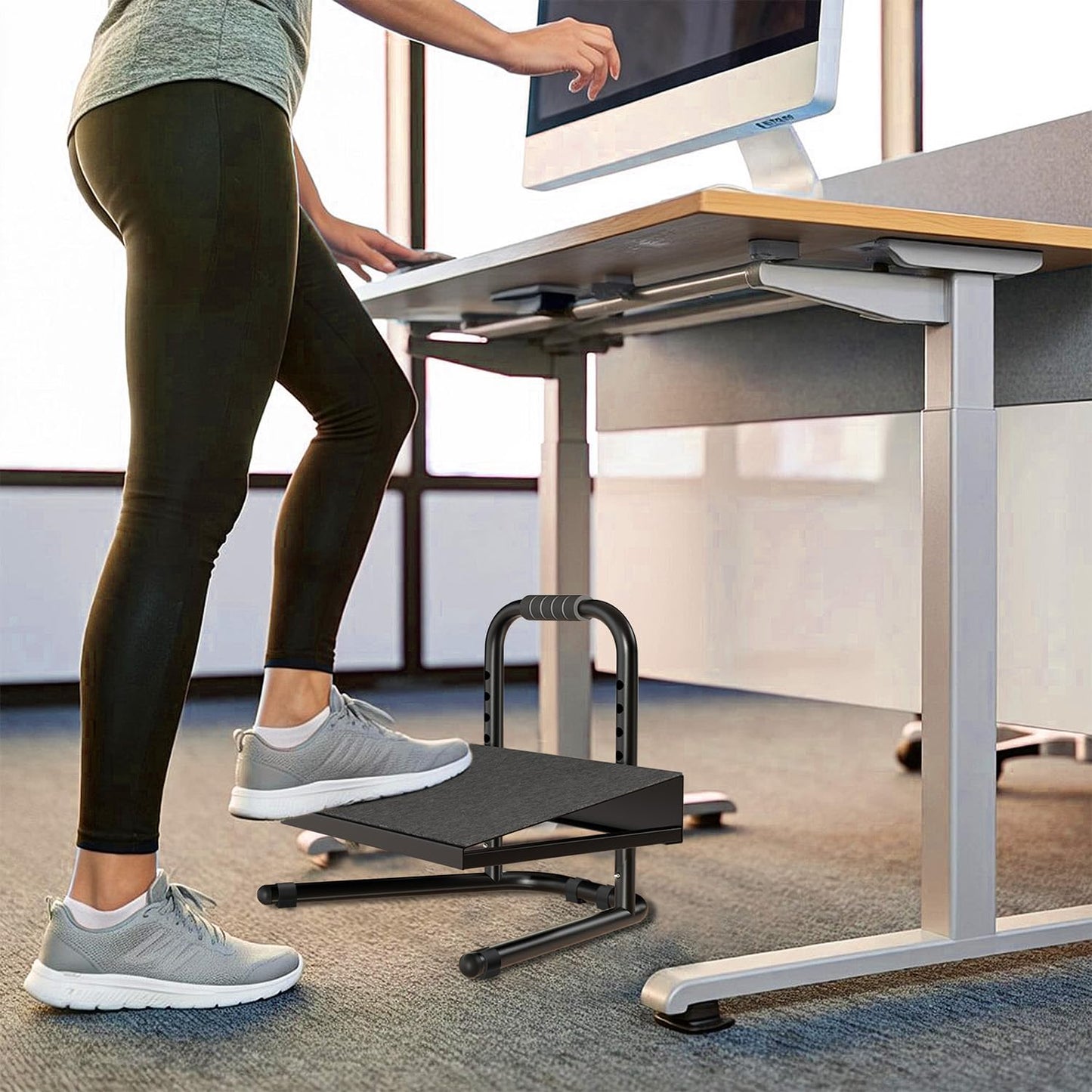WORLDLIFT Height Adjustable Standing Foot Rest with Soft Grip Handle,Under Desk Footrest for Standing and Sitting,All-Steel Construction,Black