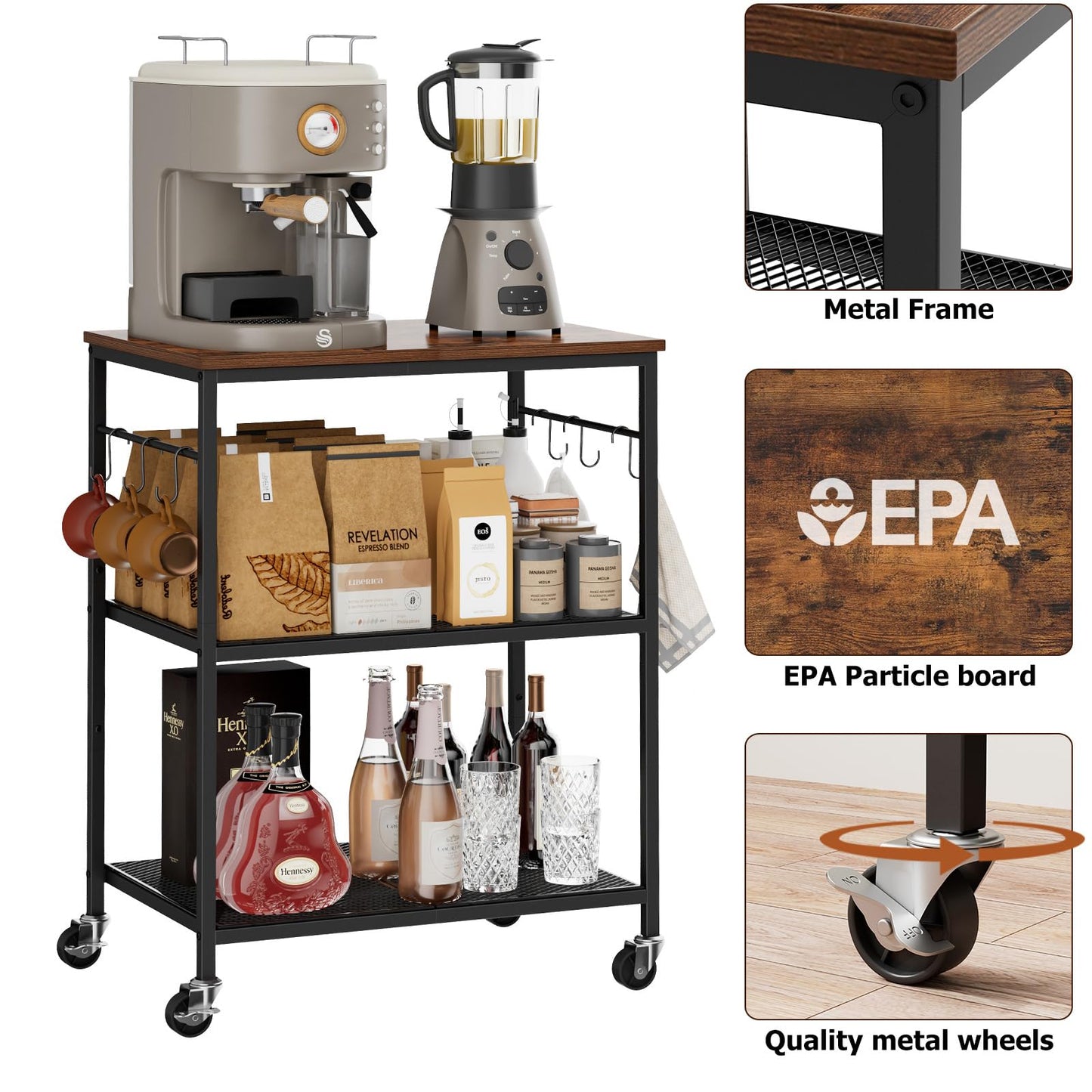 Homleke 3-Tier Rolling Kitchen Microwave Cart, Kitchen Utility Cart on Lockable Wheels, Coffee Bar Table Station with 6 S-Shaped Hooks, Small Appliance Storage Shelf, Rustic Brown and Black