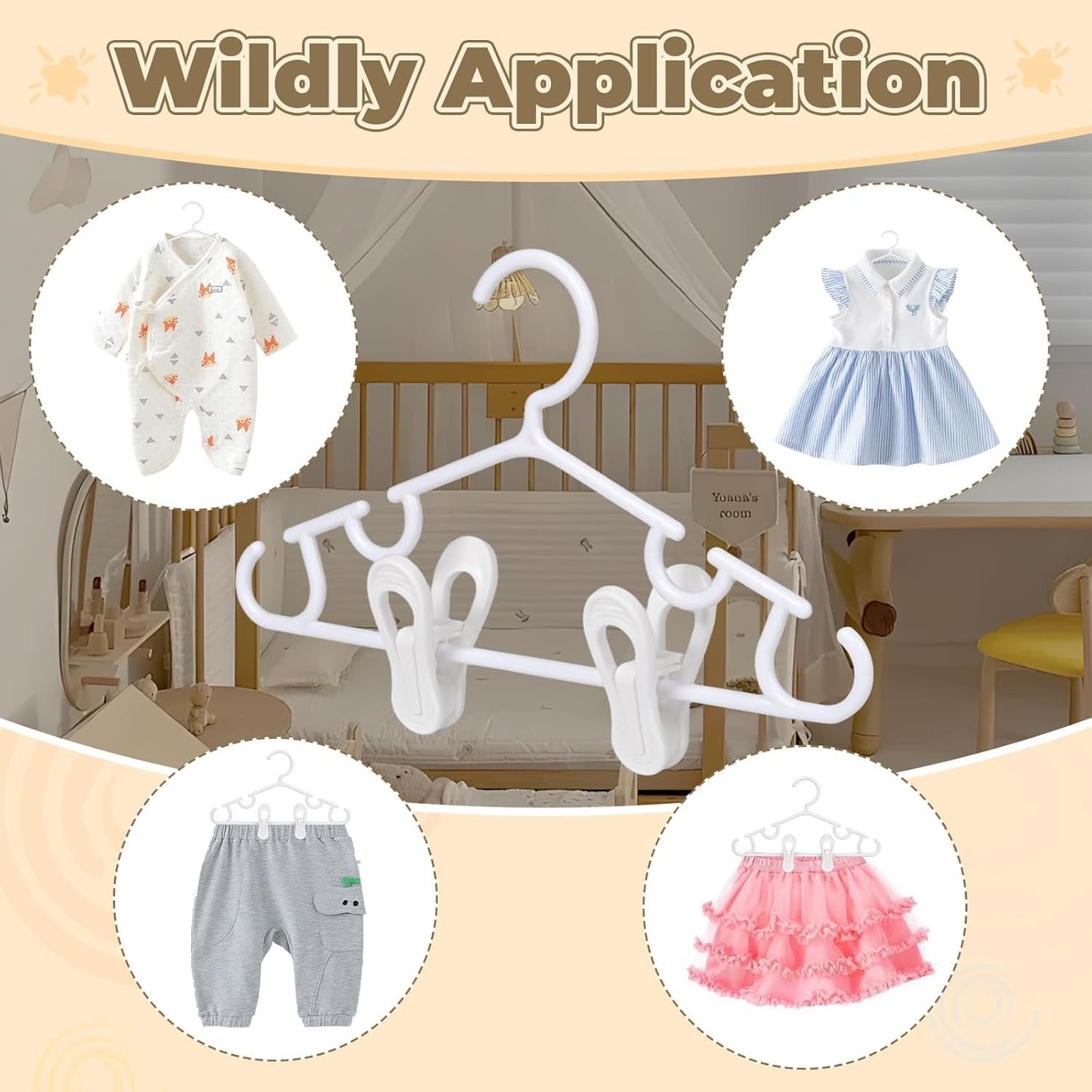 Nursery Baby Hangers with Clips, 20 Newborn Kids Plastic Clothes Hangers for Toddler Pants – with 40 Clips for Children's Clothes Packs(White,60 Packs) (60, White)