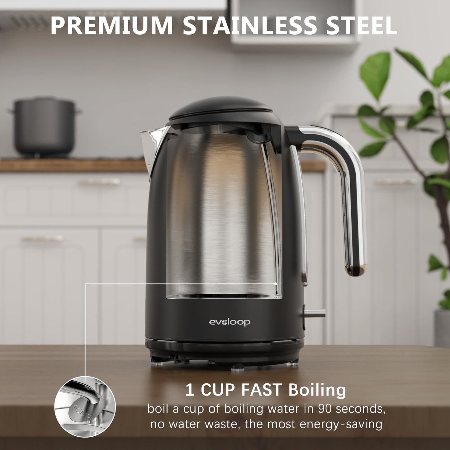 Evoloop Electric Kettles, 1.7L Tea Kettle, Hot Water Boiler Heater, Stainless Steel Electric Teapots BPA Free, Auto Shut-Off & Boil-Dry Protection, 120V/1500W-Black