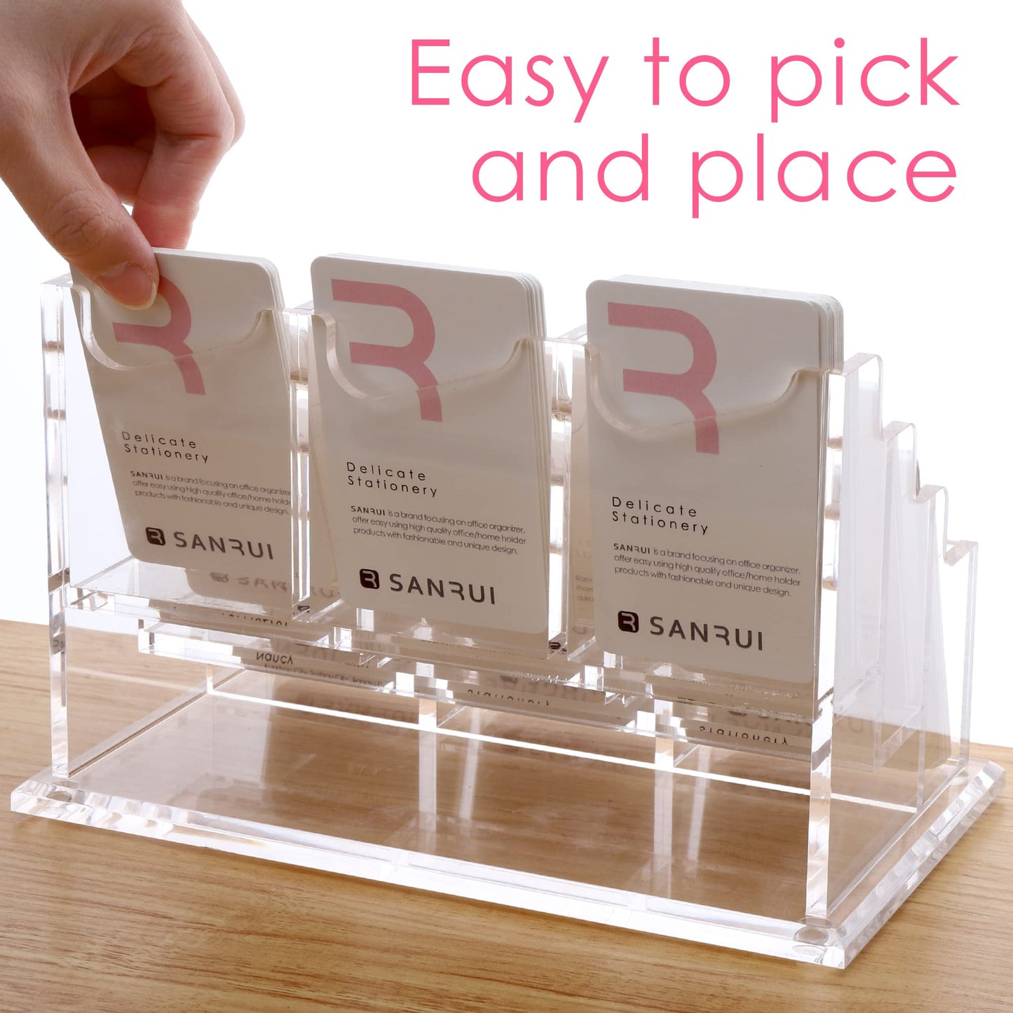 SANRUI Vertical Business Card Holder for Desk，Clear Acrylic Business Card Display Stand，9 Slots 3 Tier ，Holds 450 Cards
