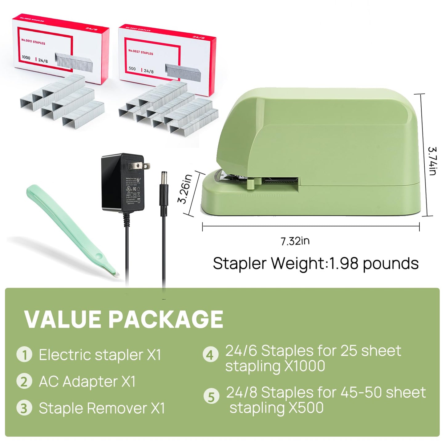 Electric Stapler for Desk Value Pack, 45 Sheet Capacity, Includes 1500 Staples & Staple Remover, No-Jam, Faster Stapling, AC Adapter Powered, Saga Green