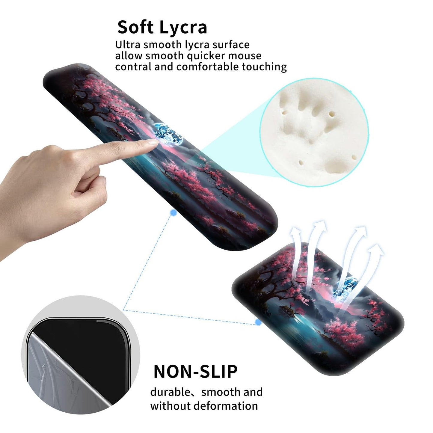 Large Gaming Mouse Pad+Memory Foam Ergonomic Keyboard Wrist Rest Support+Wrist Rest+Coaster, Extended Desk Pad Set, Stitched Edge Non Slip Desk Mat 4PC for Office & Home, Moon Cherry Blossom