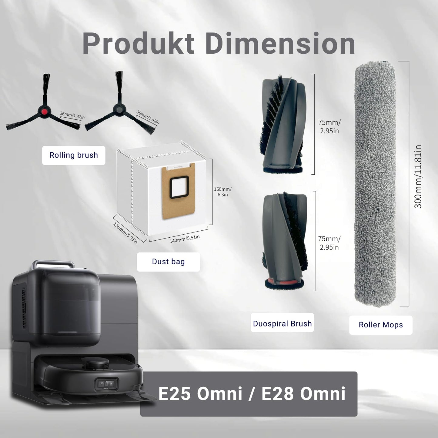 Replacement Parts Kit Compatible With Eufy Omni E25 / E28, Vacuum Cleaner Accessories Includes:2 Mop Roller Brush,1 Set Main Brush,6-Side Brush,4-Filter,6-Disposal Dust Bags
