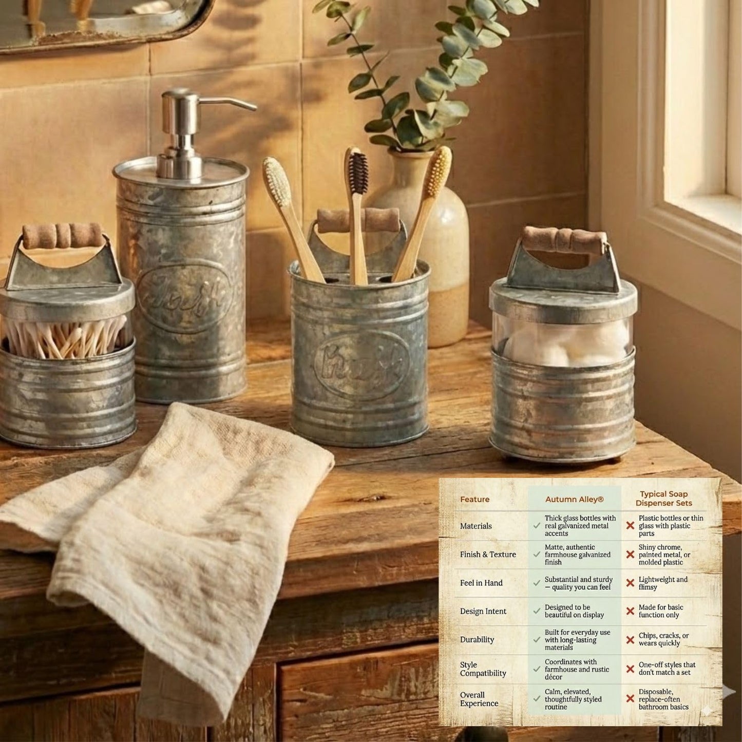 Autumn Alley Rustic Bathroom Accessories Set 4 - Galvanized Soap Dispenser, Rustic Toothbrush Holder, 2 Apothecary Jars Qtip Holder - Western Bathroom Decor – Farmhouse Bathroom Decor Accessories