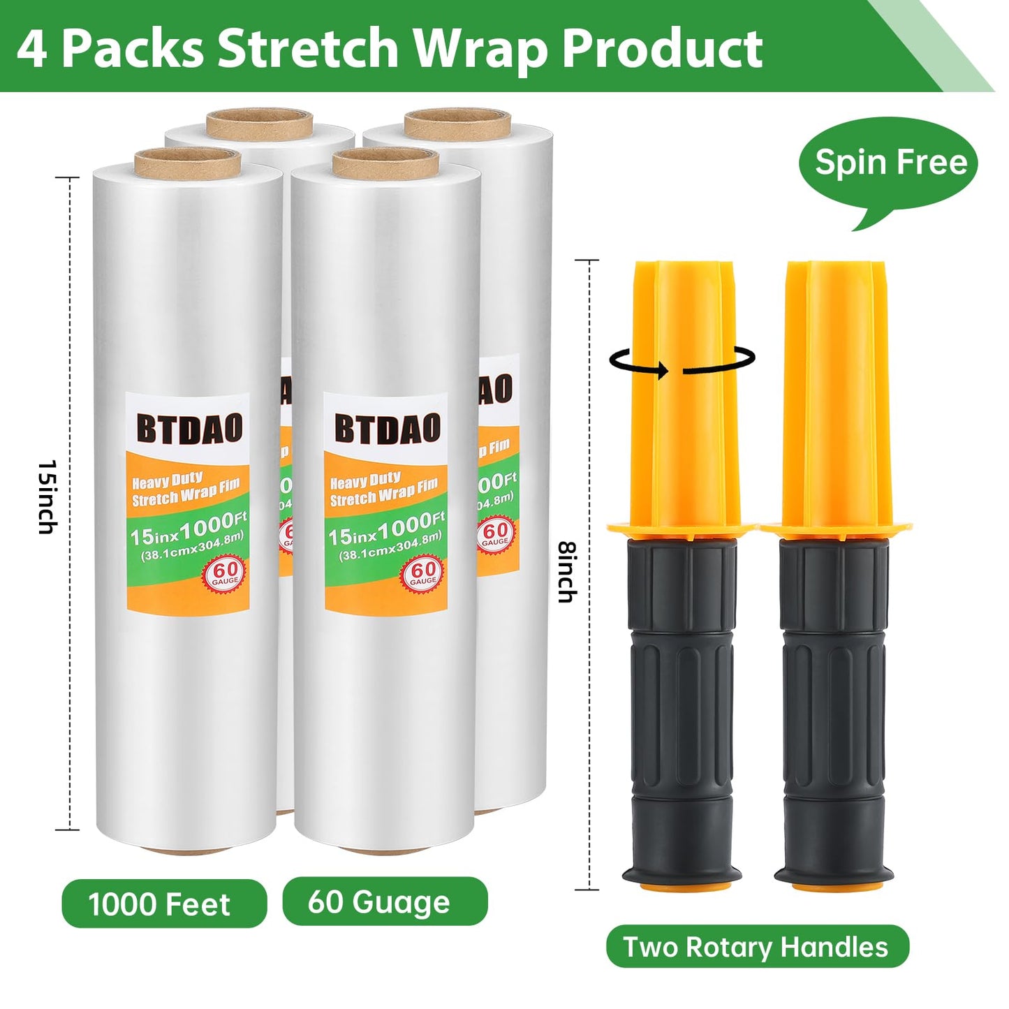 4 Rolls Stretch Wrap 15"x1000 Feet Stretch Film Shrink Wrap Packing Moving Suppliers for Shipping Moving Suppliers Packing Pallet Wrapping Surface Protection 60 Gauge (4 Rolls)