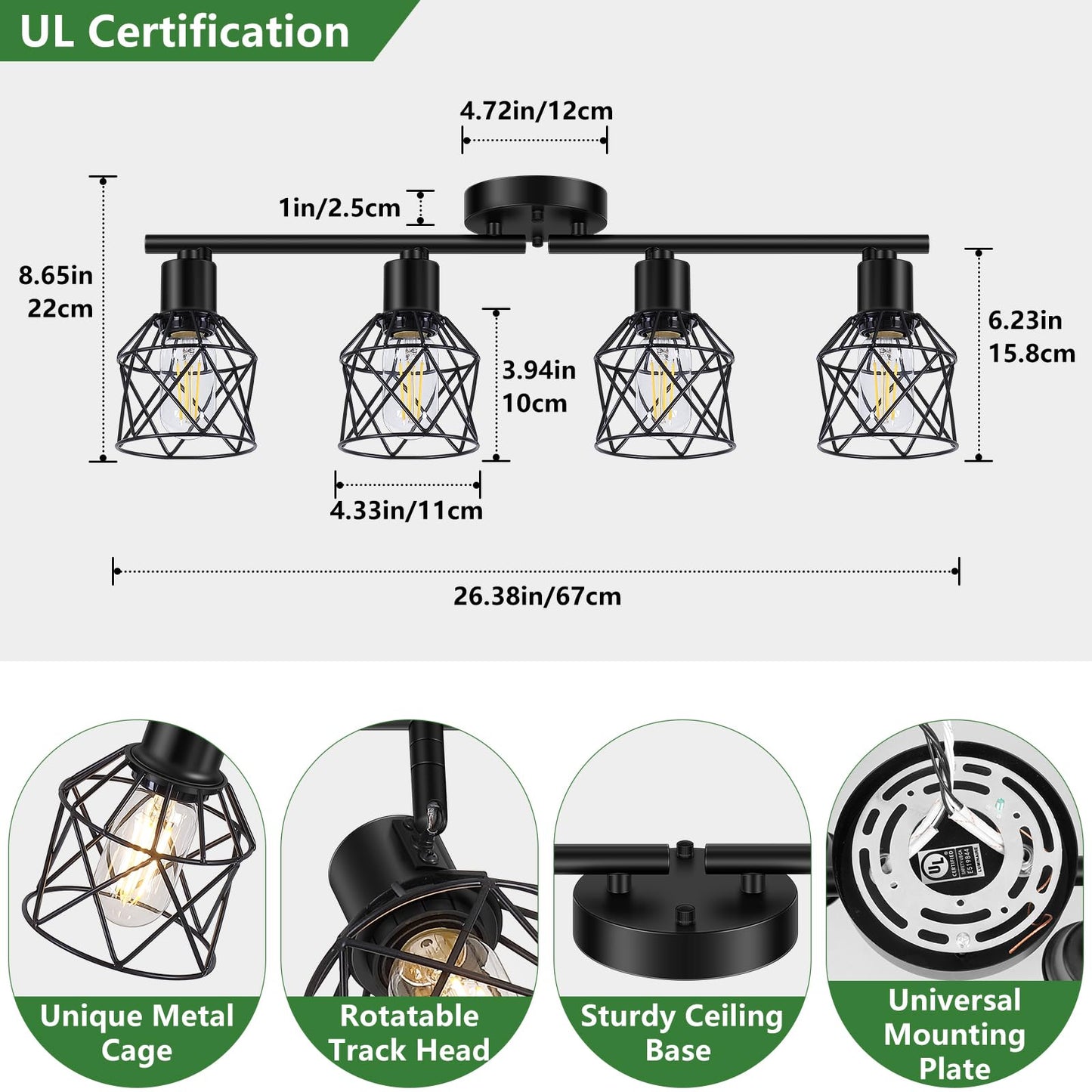 Baocuz 4-Lights Semi Flush Mount Ceiling Light, Adjustable Multi-Directional Light Fixtures, Rotatable Farmhouse Light Fixtures Mount with Metal Cage for Dining Room, Living Room