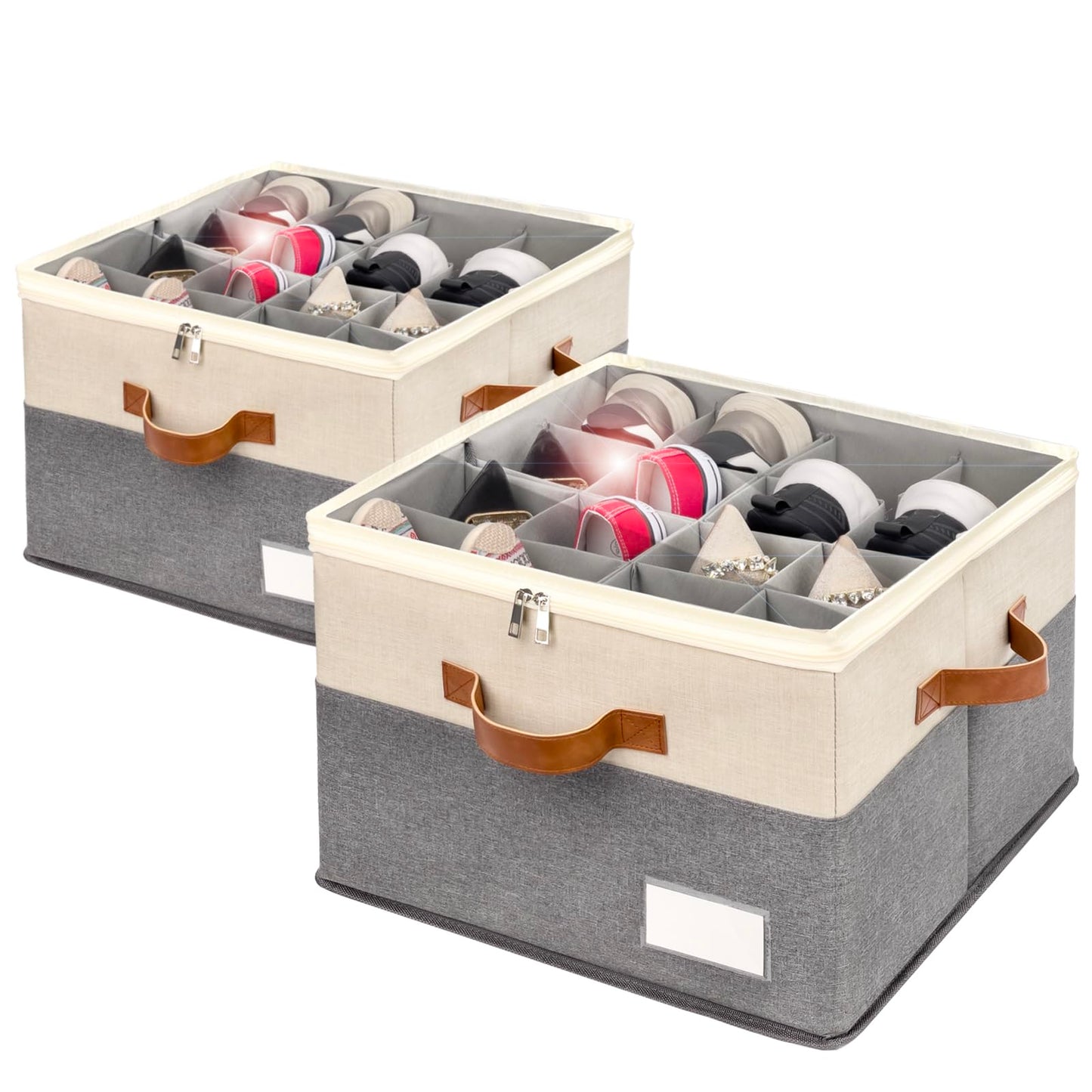 RONCHIL Shoe Organizer for Closet, Foldable Shoe Storage Bins with Clear Cover, Space Saving Shoes Holder with 4 Handles, Large Adjustable Shoe Box Storage Containers, Fits 8-16 Pairs, 2 Pack, Beige