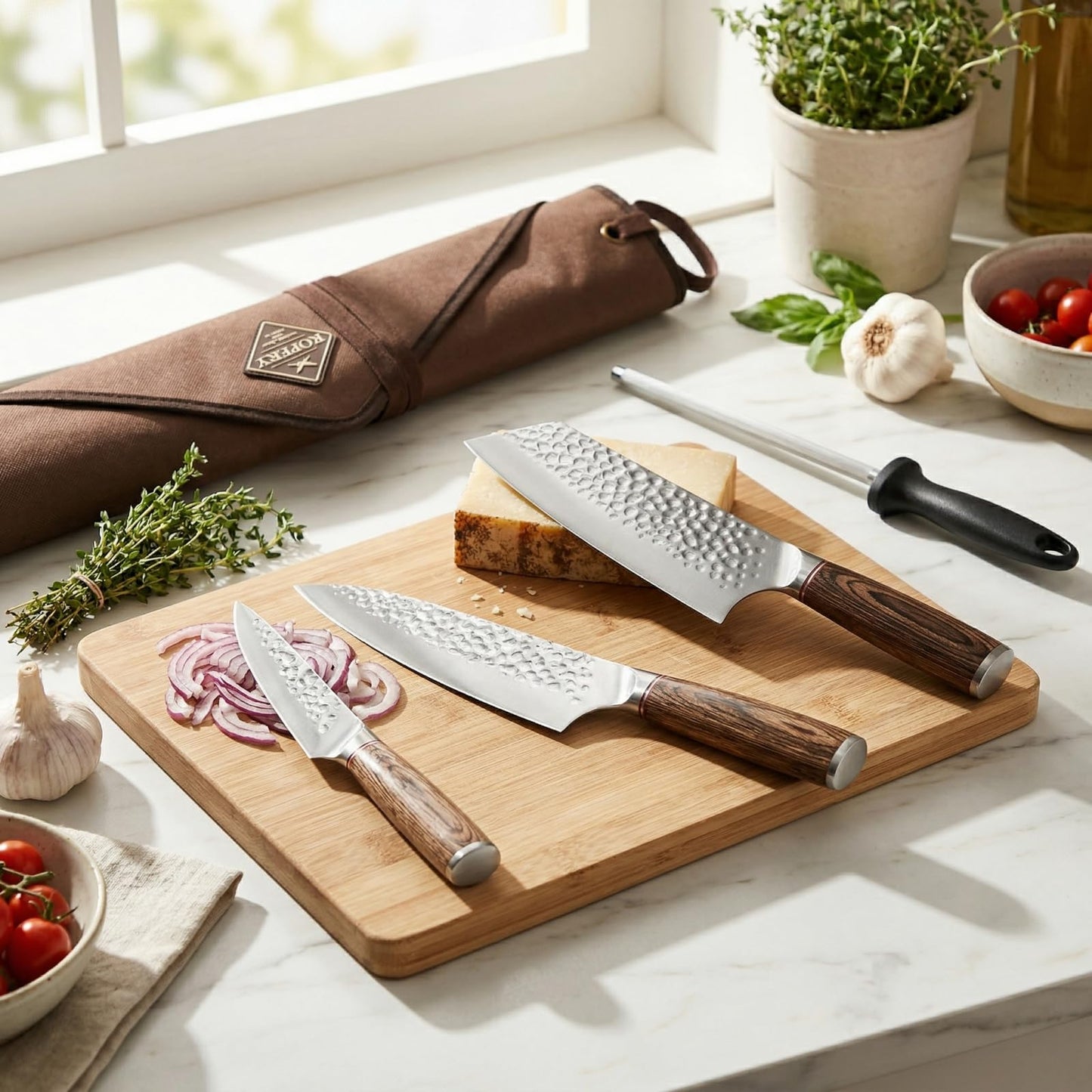 KOFERY 3 Piece Hammered Knife Set with Honing Steel & Bag, Forged High Carbon Steel Blades for Meat Cutting, Outdoor Cooking, BBQ, Culinary School Starter Kit for Student Chef