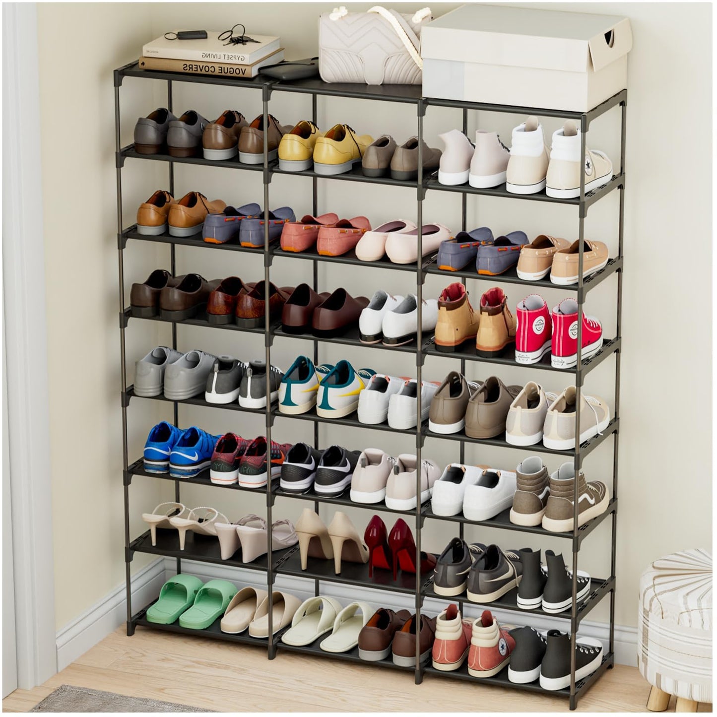 SMILHELTD Large Shoe Rack 3 Row 8 Tier for Entryway Holds 48 Pairs, Metal Shelves with Dust-Proof Mats, Space Saving Storage for Garage Closet, DIY Assembly, 49.2" W x 50.8" H