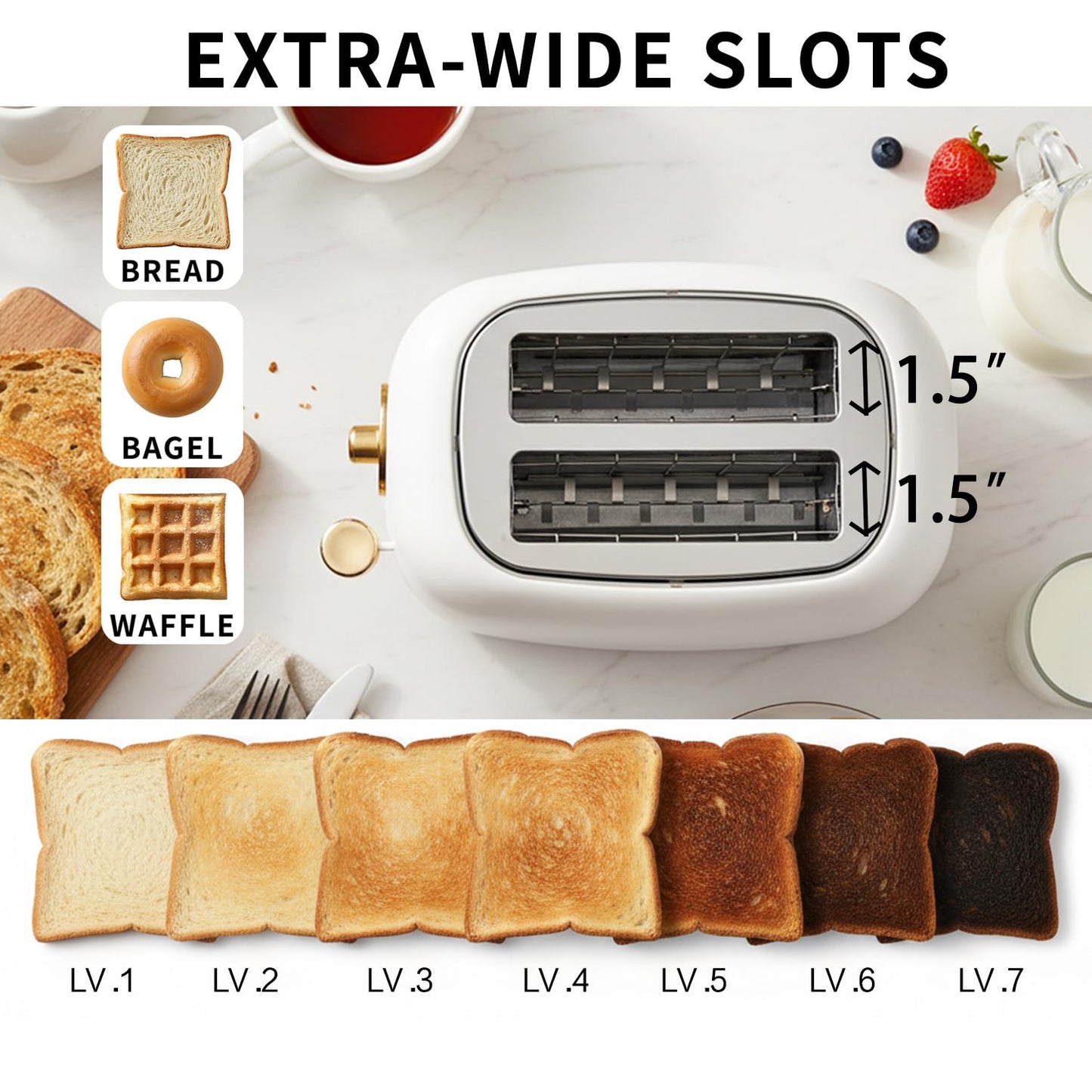 QUAXWELL 2-Slice Toaster, Wide Slots, 7 Bread Shade Settings, Stainless Steel, Bagel, Cancel, and Defrost Functions, Removable Crumb Tray, Retro Style Toaster,Matte White and Gold