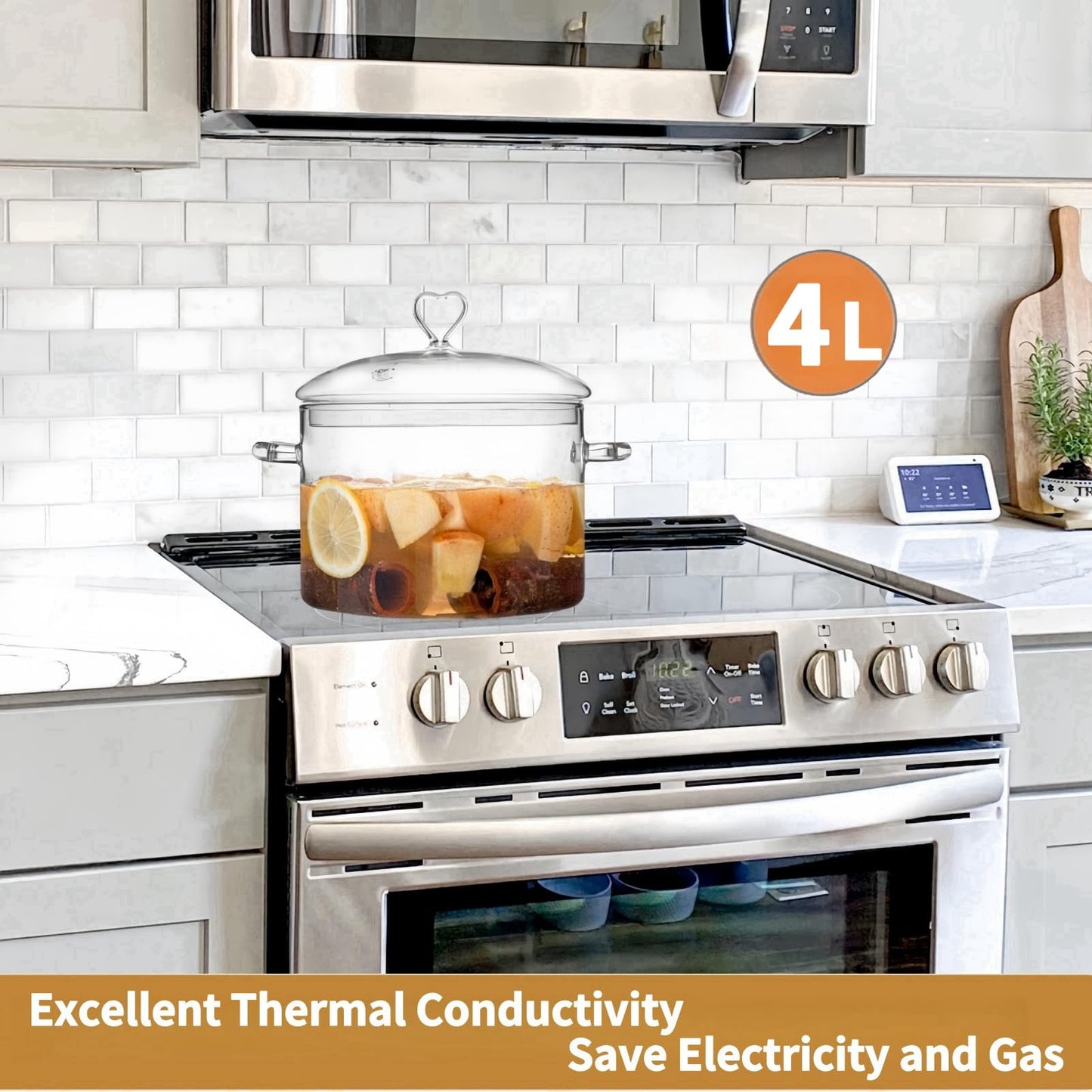 4L Glass Cooking Pot with Heart-shaped Lid, 4.2Qt/4000ml, Heat Resistant, High Thermal Conductivity Reduces Energy Use, Dishwasher Oven Gas Electric Stove Safe,for Potpourri,Soups,Pasta