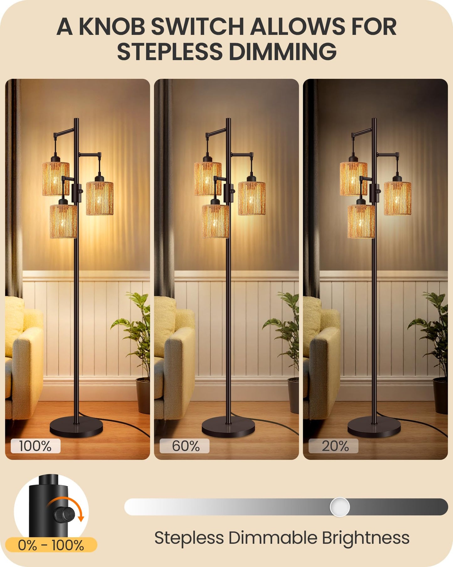 GOEBLESON Dimmable Floor Lamp, Farmhouse Tall Standing 70.3" Tree Lamp with 3 Rope Woven Lampshades, Boho Rattan Floor Lights, 4W 3 LED Bulbs Included, for Living Room, Bedroom, Study, Office AB03LD05