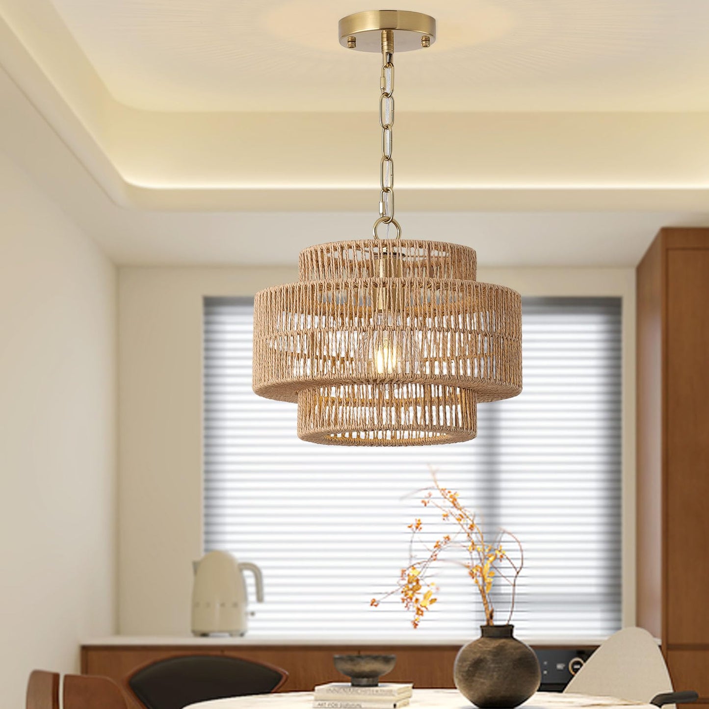 Giutna 12.4" Boho Rattan Farmhouse Chandeliers for Dining Room, Rattan Hand-Woven Rustic Drum Chandelier Pendant Light Fixture for Kitchen Island Bedroom Living Room Entryway Foyer