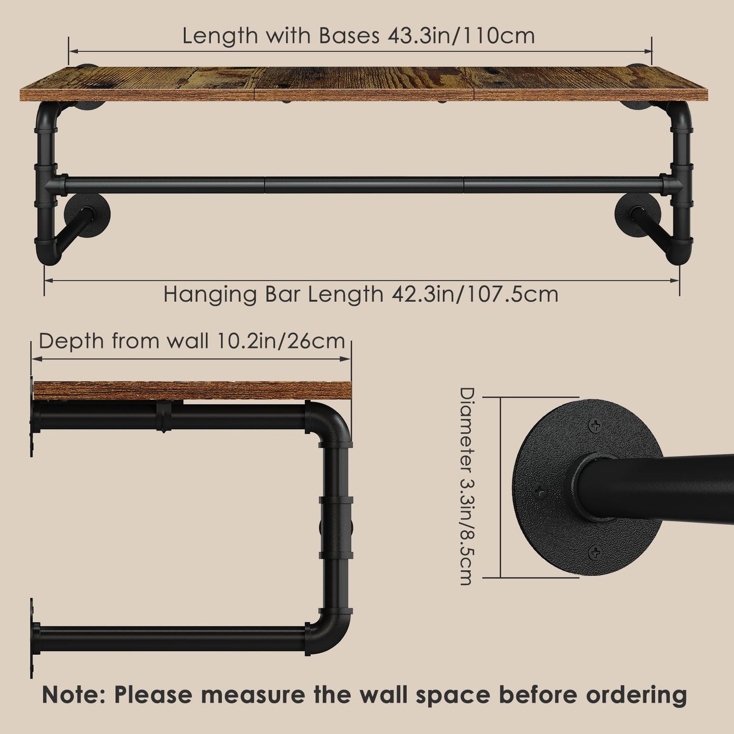 UlSpeed Clothes Rack with Top Shelf, 43.3in Industrial Pipe Wall Mounted Garment Rack, Space-Saving Display Hanging Clothes Rack, Heavy Duty Detachable Multi-Purpose Hanging Rod for Closet Storage
