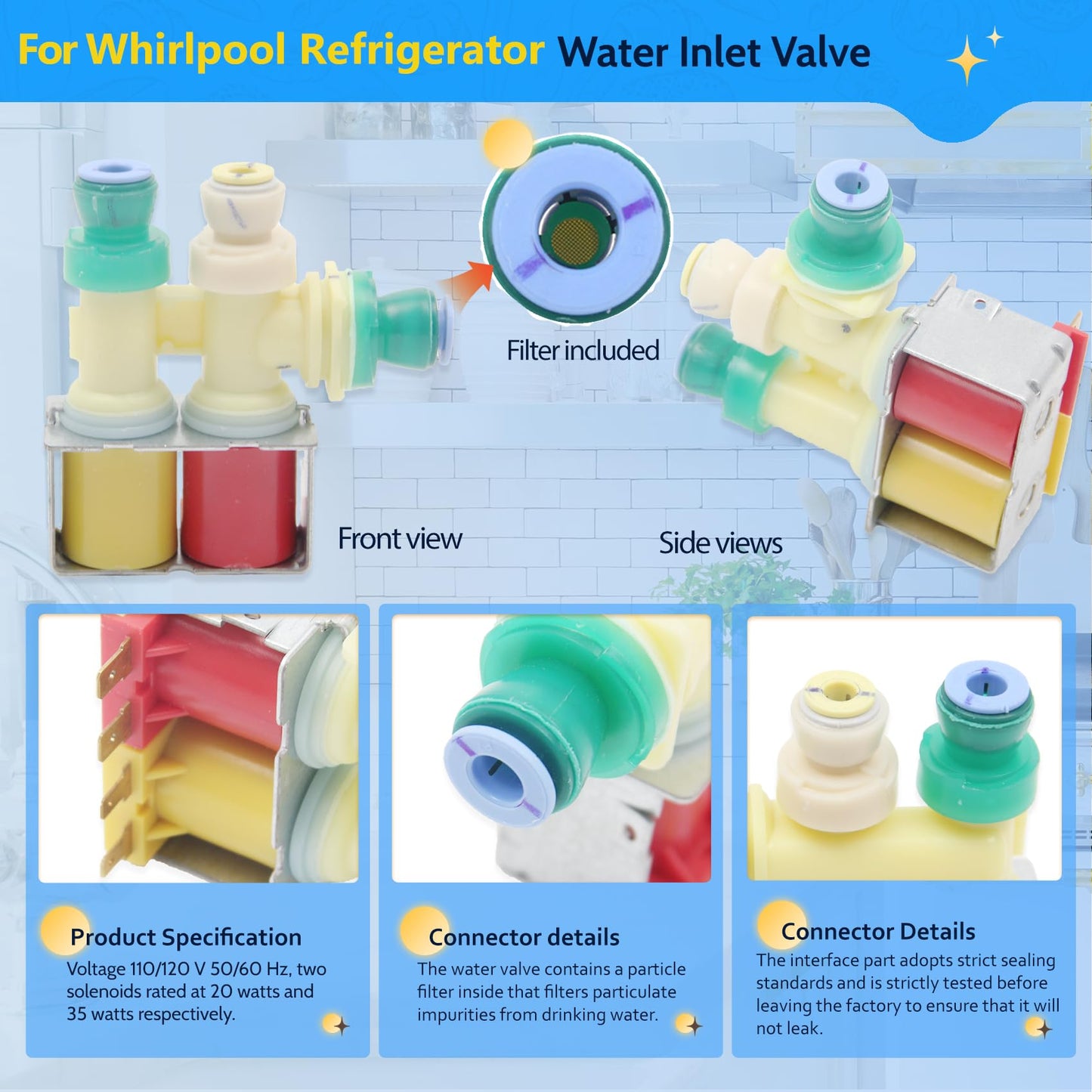 W10258562 Refrigerator Water Inlet Valve For Whirlpool Refrigerator Water Inlet Valve Refrigerator Ice Making Water Inlet Valve Parts Replacement, Replaceable Model WPW10258562 AP6018030 PS11751331