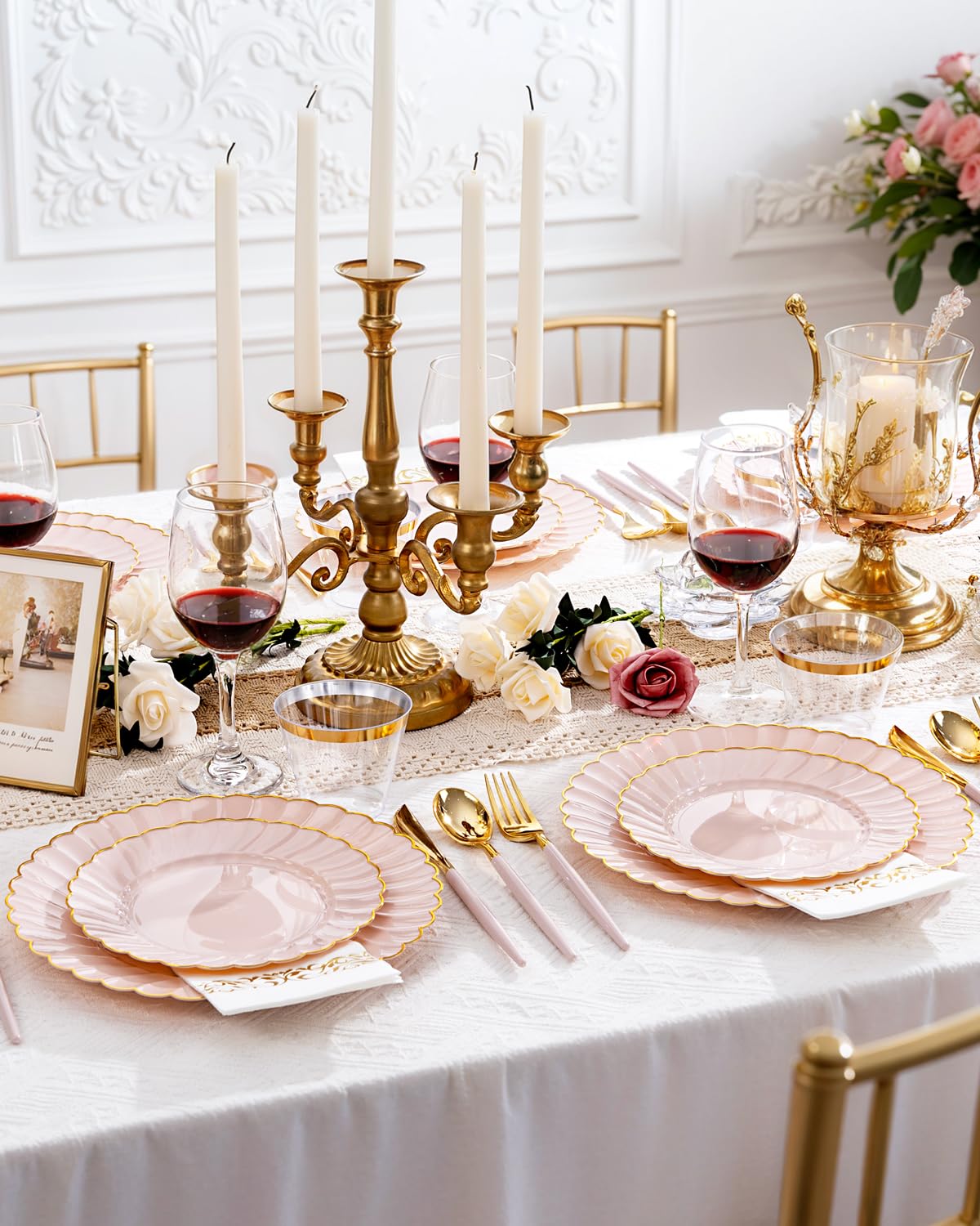 Ciaell 175 PCS Pink Scalloped Plastic Plates with Gold Trim - Pink Plastic Silverware with Handle - Fancy High-End Dinnerware Sets for Wedding & Baby Showers & Party