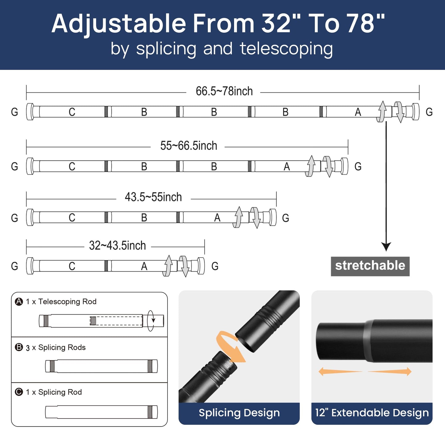 ENJOYBASICS 2 Pack Adjustable Spring Tension Curtain Rods 32 to 78 Inches, Stainless Steel Matte Black Shower Rod No Drilling for Window, Bathroom, Closet, Room Divider, 7/8" Diameter