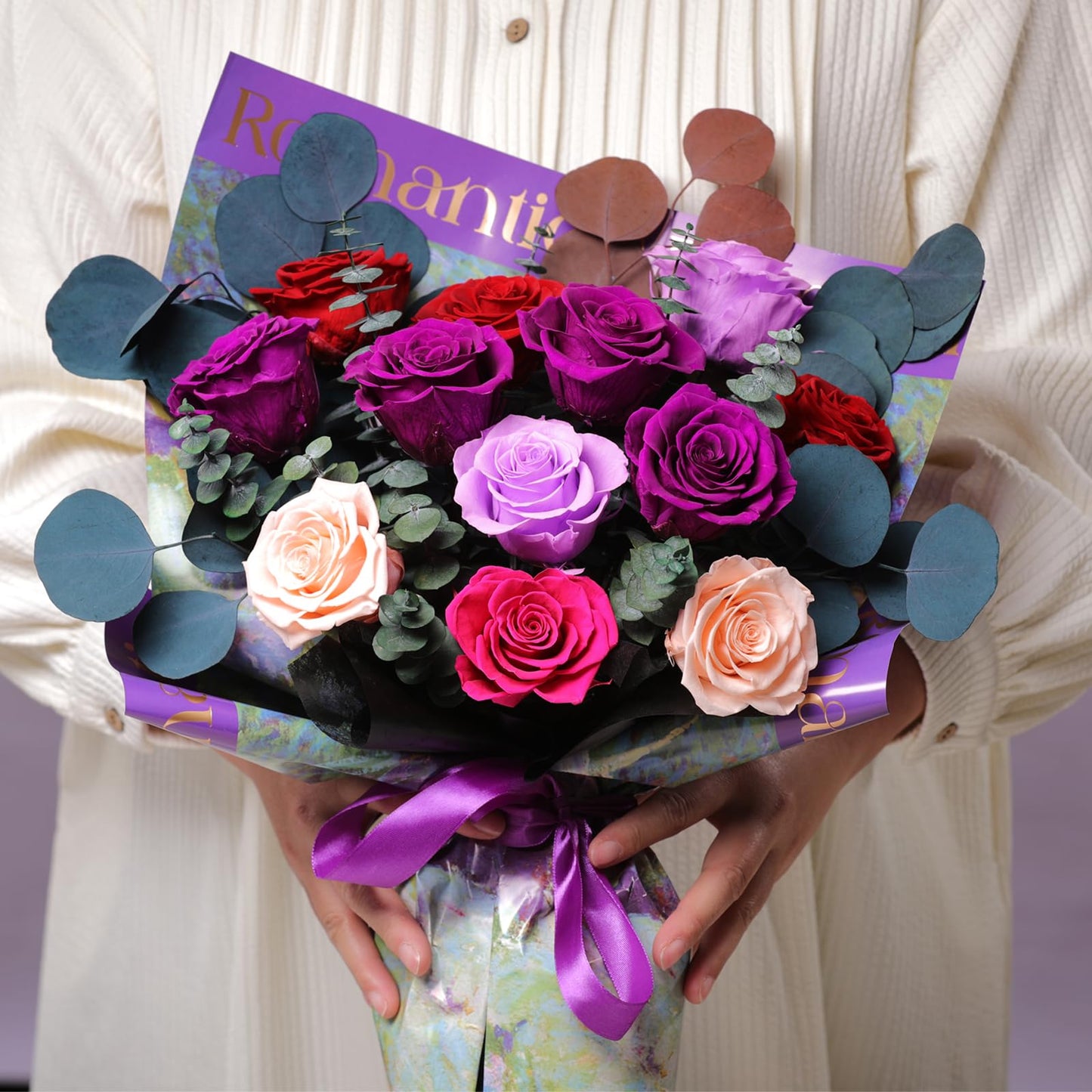 Lovenfold Flowers for Delivery Birthday Flowers Gift for Her,Preserved Flowers Bouquet 12 Roses Mixed Bouquet,Rose Gifts for Women Mom Grandma(Mixed 12 Purple-A Roses)