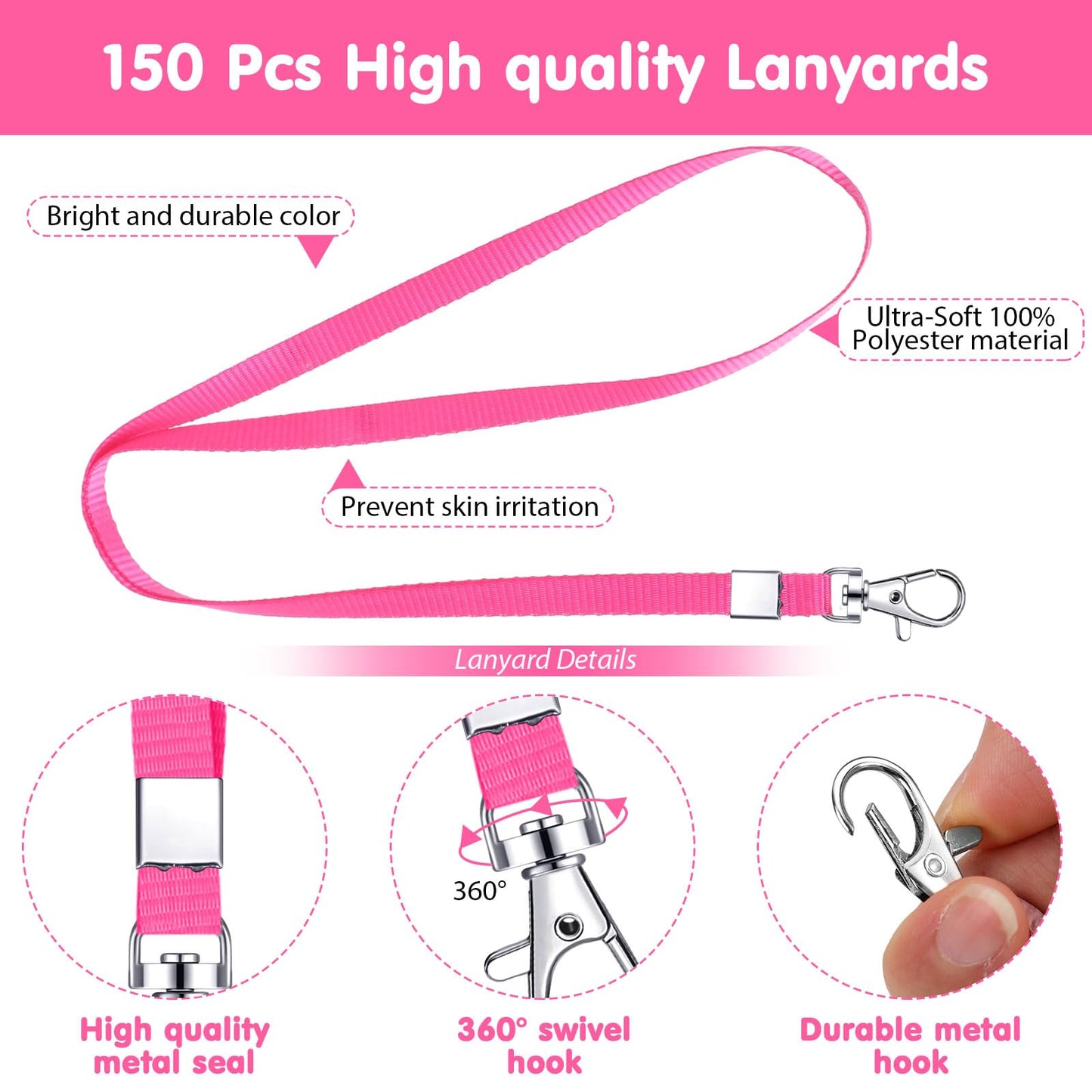 Cholemy 150 Pcs Pink Lanyards for ID Badges Nylon Necklace Lanyard Bulk with Clip Swivel Hook for Women Staff Students Key Chains (Lobster Clasp)