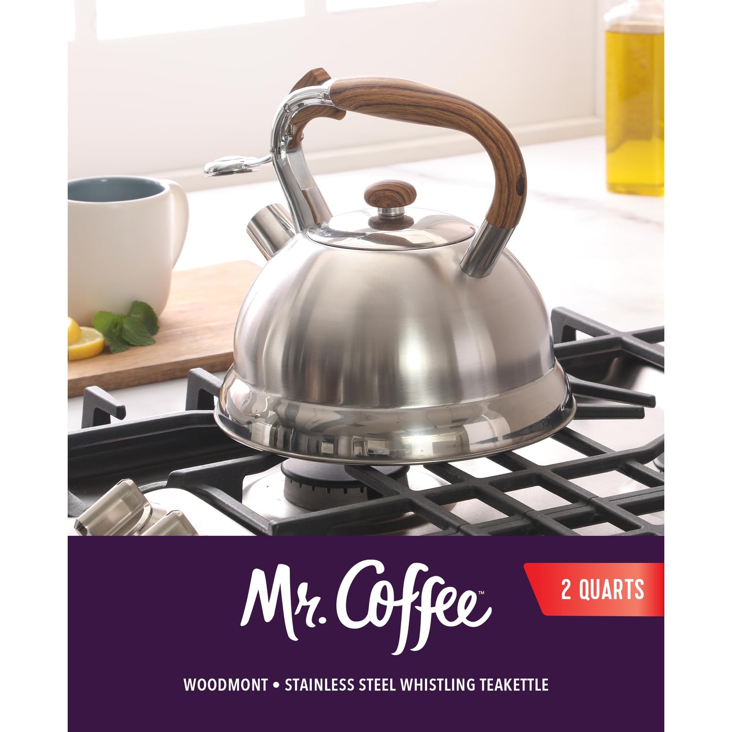 Mr. Coffee Woodmont 2-Quart Stainless Steel Tea Kettle With Wood Handle, Stovetop Whistling Kettle, Durable Fast-Boil Tea Pot
