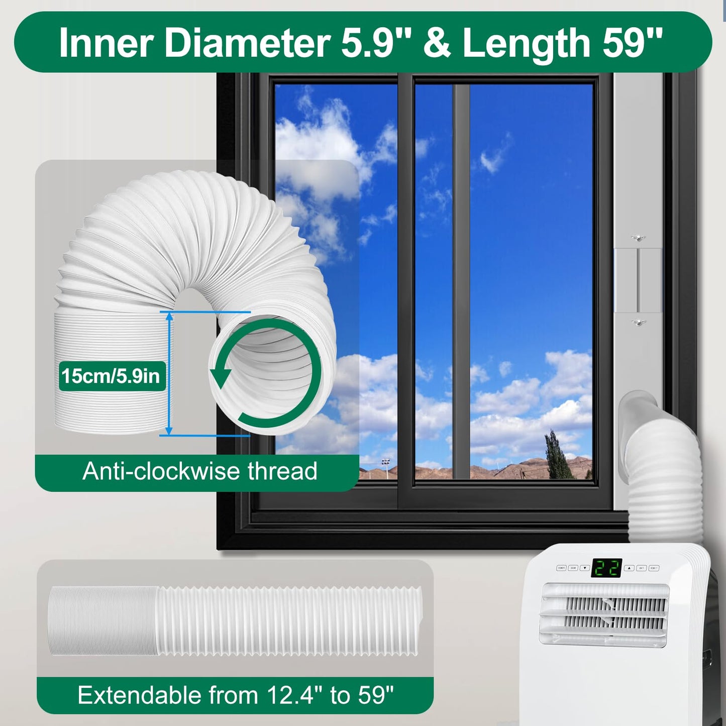 Upgrade Portable Air Conditioner Window Kit with 5.9Inch Exhaust Hose,Portable Air Conditioner Window Vent kit, portable AC Exhaust Hose Kit, Portable AC Window Vent Kit