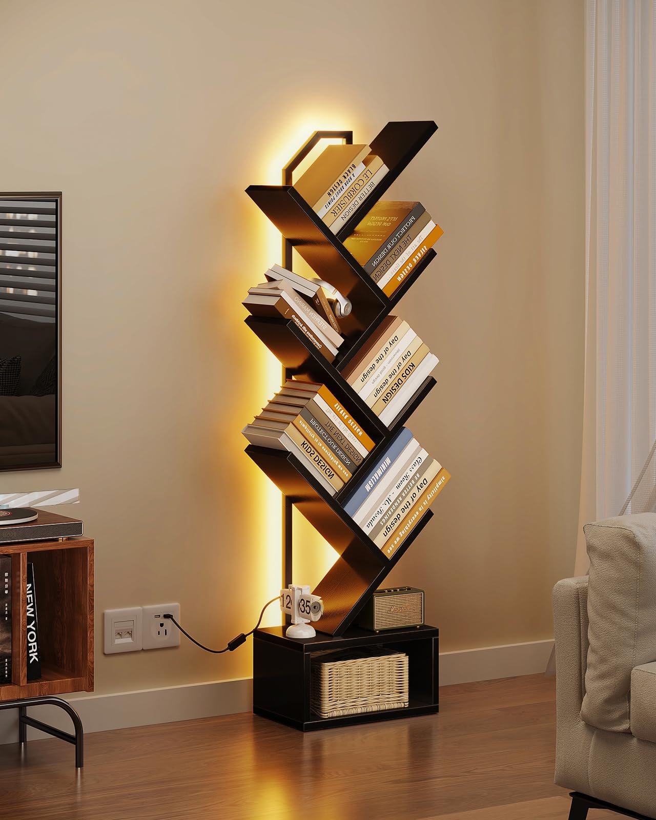 Casaottima 6-Tier Tree Bookshelf — Narrow Floor Standing Bookcase, Tall Steel & Wood Book Organizer Shelf with Cabinet, Home Decor for Living Room/Bedroom/Home Office, Black
