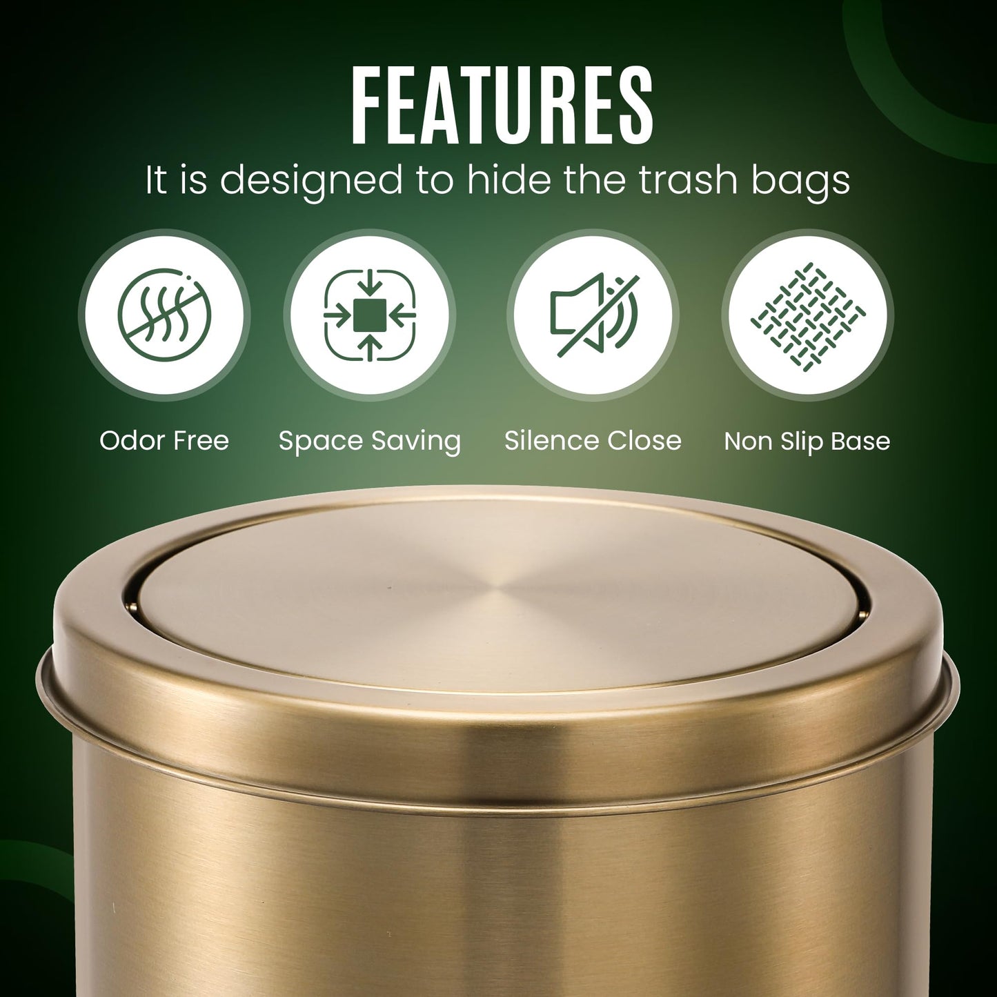 Aruhbck Gold Trash Can | Bathroom Garbage Bin with Lid | 5L Small Metal Wastebasket | Stainless Steel Rubbish Can | Non Slip Base | Simple Human Garbage Can | Office Wastebasket |