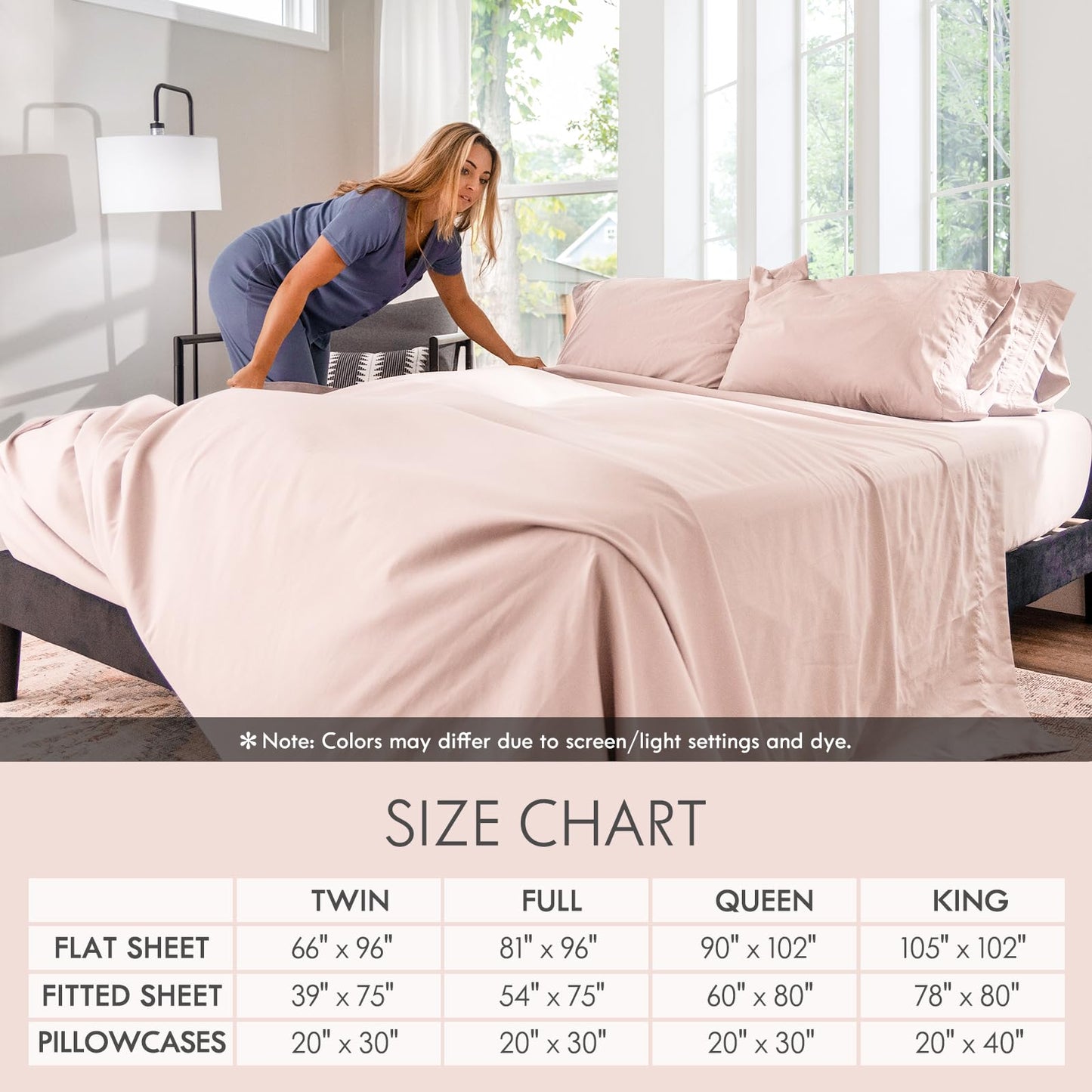 ClevaHome Queen Size Sheet Set - 6 Piece Soft Breathable Luxury Bed Sheet Set - Shrinkage & Fade Resistant Embroidered Bedding Sheet with Deep Pocket, 2 Extra Pillowcases (Queen, Barely Pink)