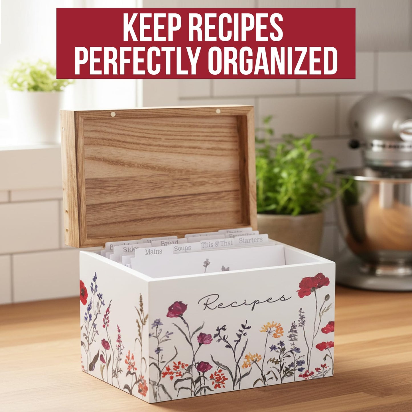 SENSORY4U Wooden Recipe Box with Cards & Dividers – Wildflower Floral Design – Includes 100 4x6 Recipe Cards, 12 Dividers & Built-In Recipe Holder Slot – Rustic Farmhouse Kitchen Organizer