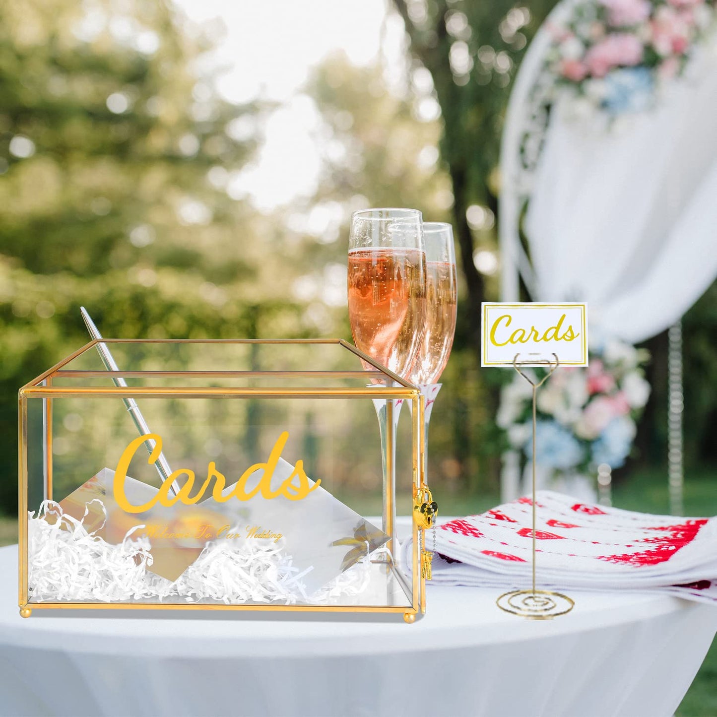 Ripprovt Glass Wedding Card Box with Lock, 12.6x5.9x9 inches Large Gold Card Boxes for Wedding Reception, Keepsake Display, Graduation, Party Centerpiece Decorative Box