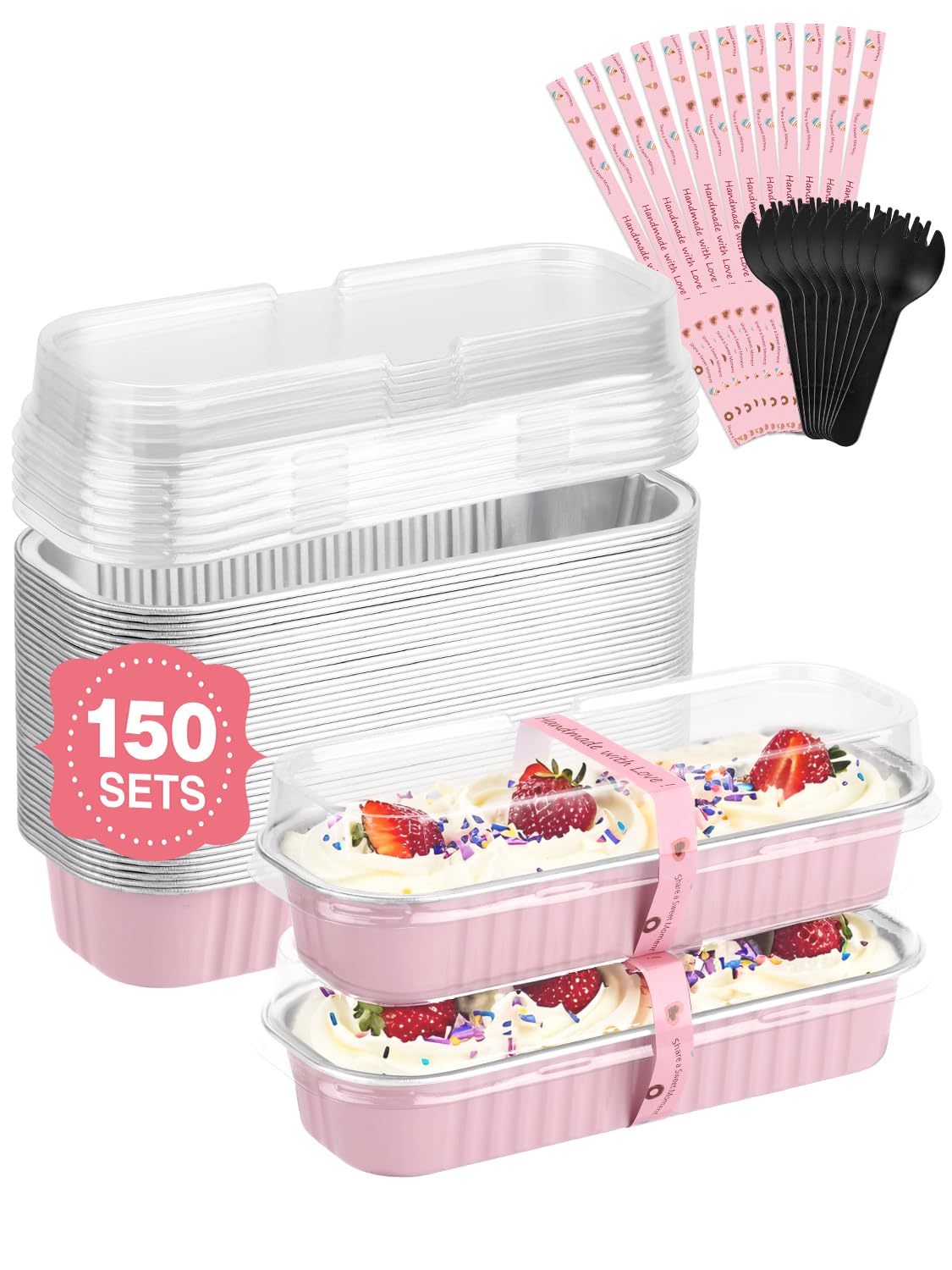 NEEBAKE 150 Pack 6.8 oz Disposable Mini Loaf Pans with Lids and Spoons - 6.5x2.5x1.2 Pink Aluminum Loaf Pans, Small Aluminum Tin Foil Baking Pan, Food Containers for Baking, Cakes, Bread, Loaves